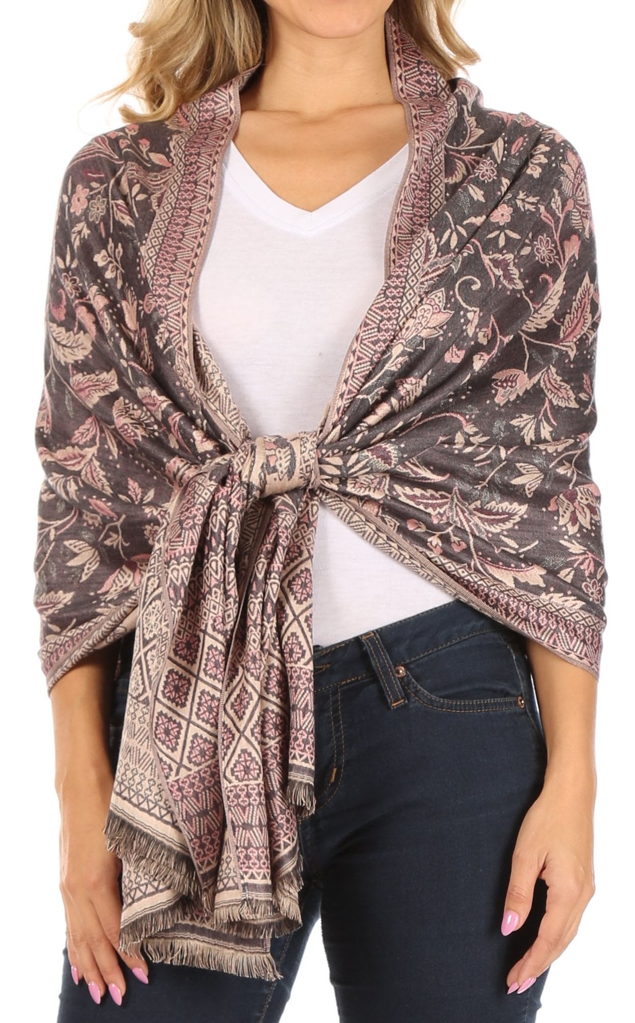 Sakkas Gianna Women's Silky Soft Reversible Floral Woven Pashmina Scarf Shawl Wrap - Concordia Style Boutique