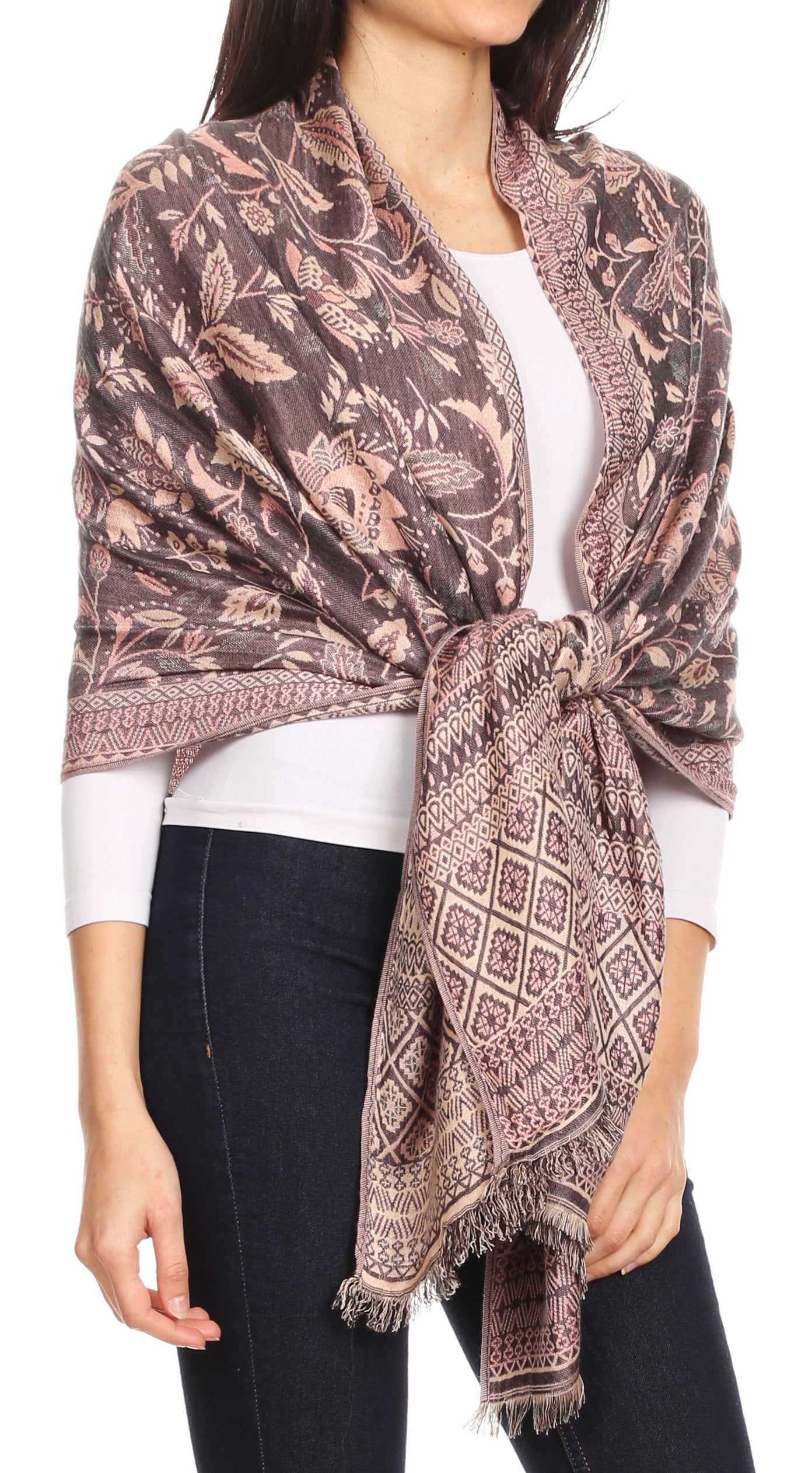 Sakkas Gianna Women's Silky Soft Reversible Floral Woven Pashmina Scarf Shawl Wrap - Concordia Style Boutique
