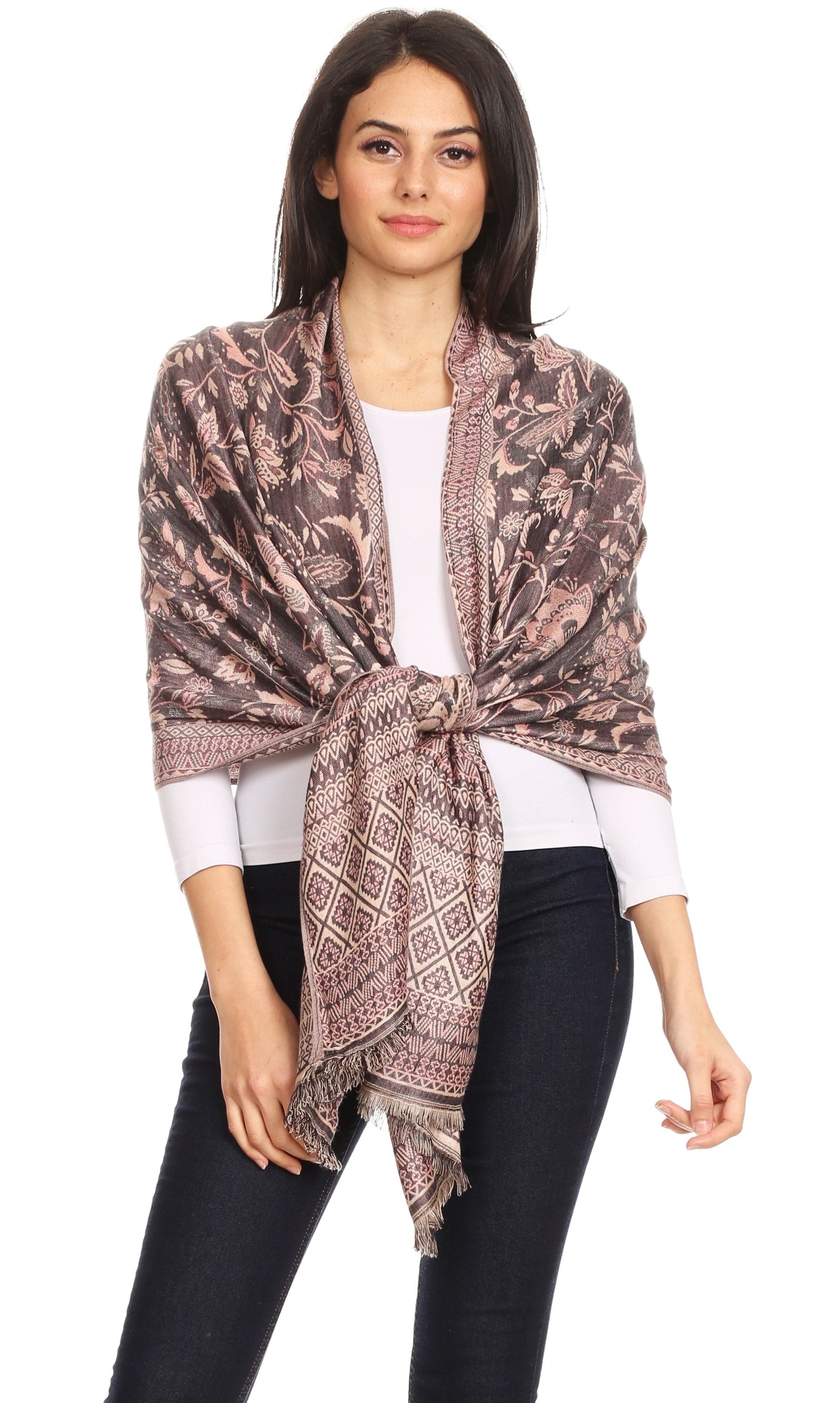 Sakkas Gianna Women's Silky Soft Reversible Floral Woven Pashmina Scarf Shawl Wrap - Concordia Style Boutique