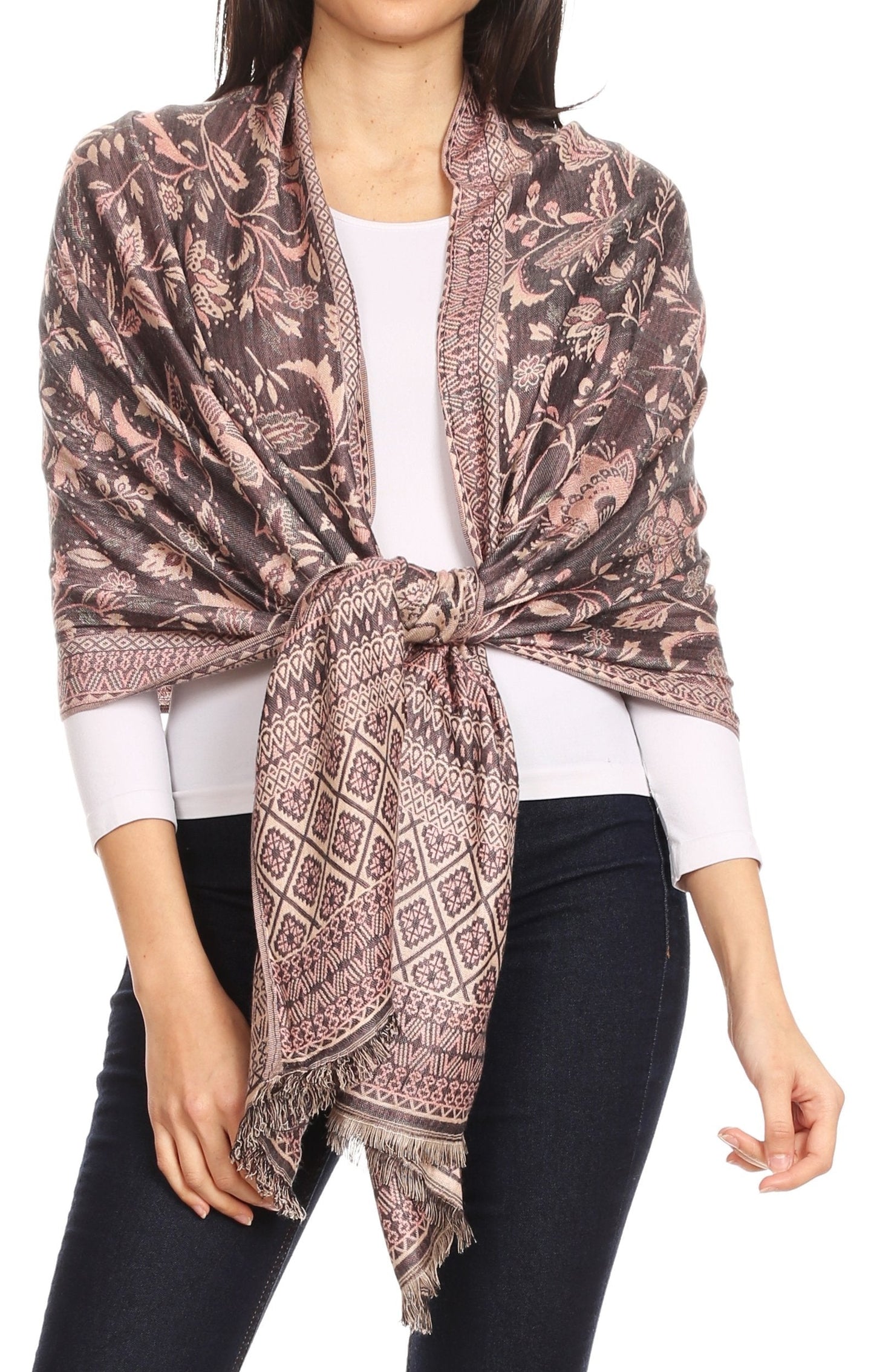 Sakkas Gianna Women's Silky Soft Reversible Floral Woven Pashmina Scarf Shawl Wrap - Concordia Style Boutique