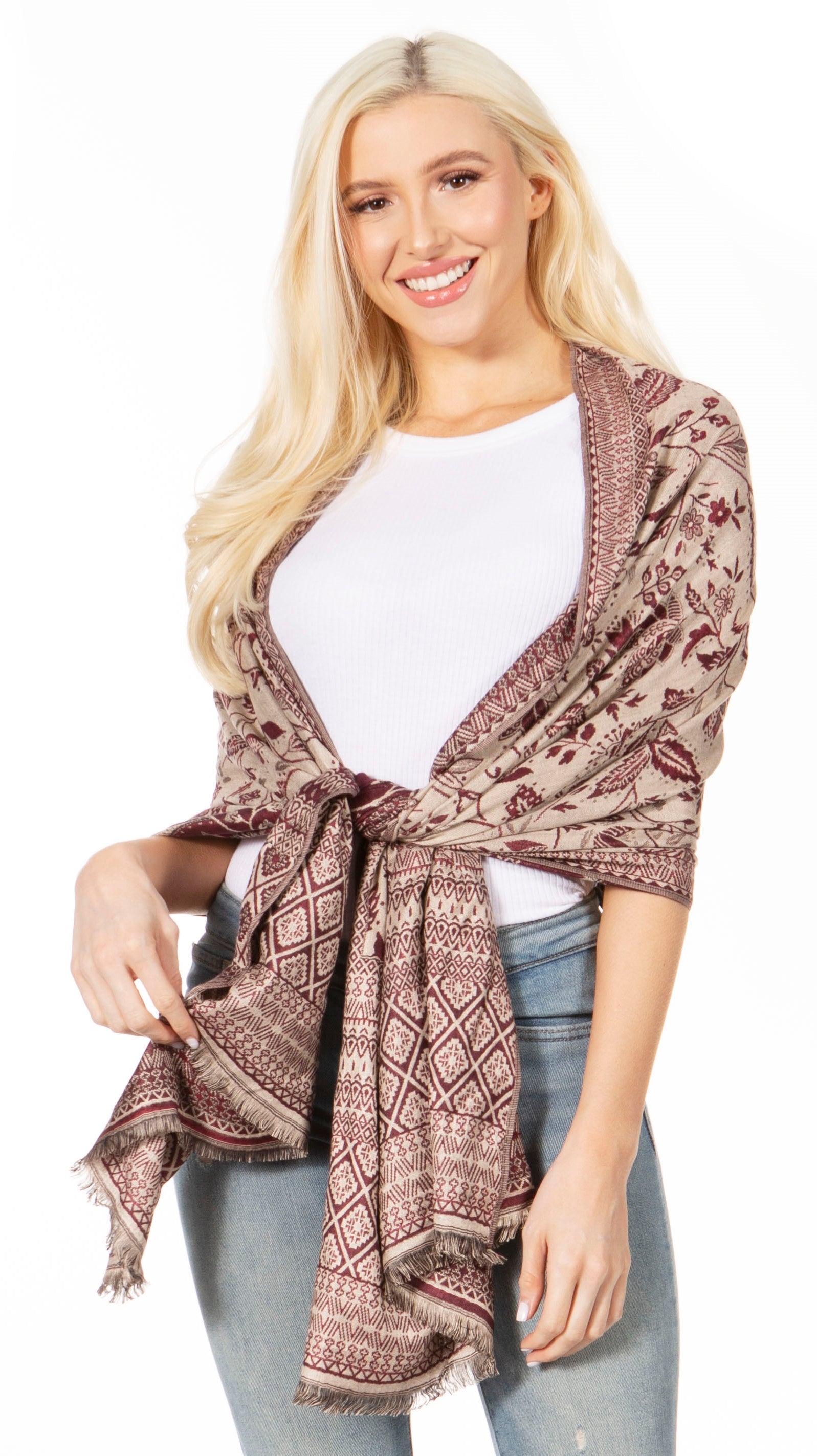 Sakkas Gianna Women's Silky Soft Reversible Floral Woven Pashmina Scarf Shawl Wrap - Concordia Style Boutique