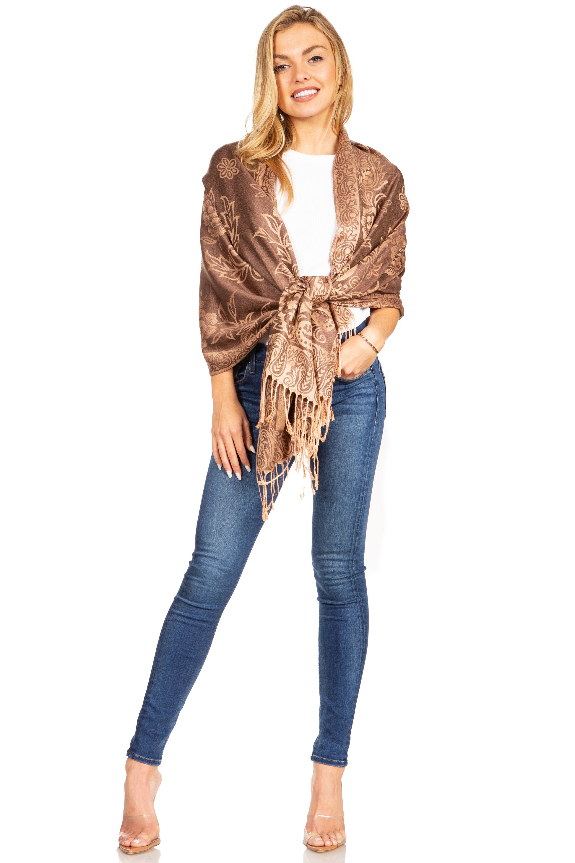 Sakkas Damari Women's Silky Soft Reversible Border Woven Pashmina Scarf Shawl Wrap - Concordia Style Boutique