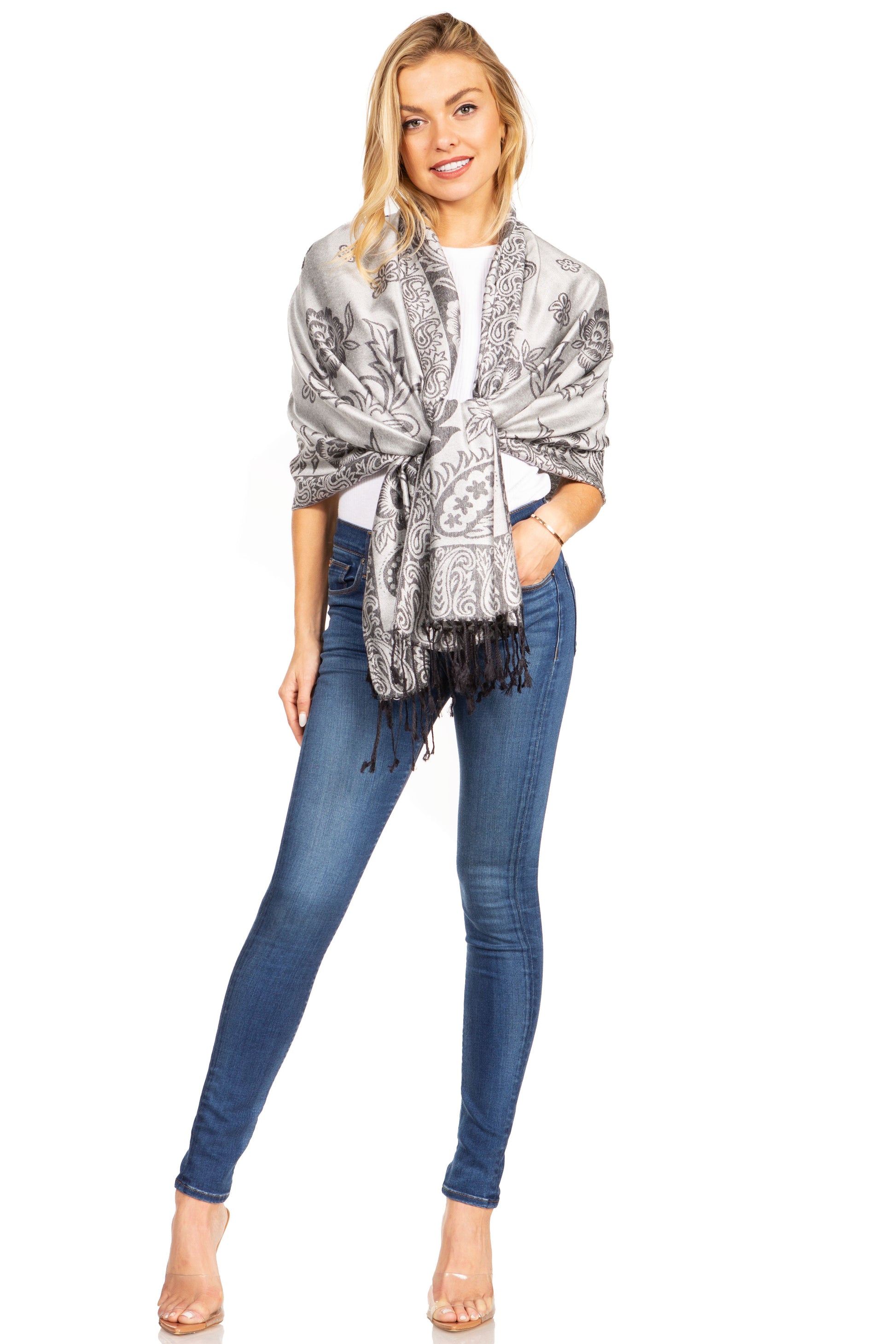 Sakkas Damari Women's Silky Soft Reversible Border Woven Pashmina Scarf Shawl Wrap - Concordia Style Boutique