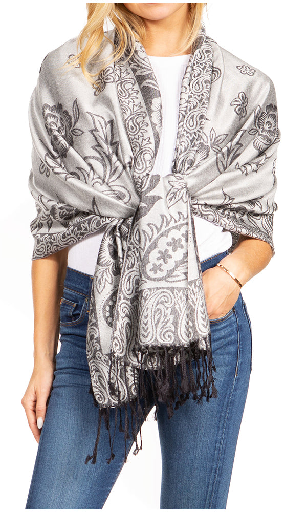 Sakkas Damari Women's Silky Soft Reversible Border Woven Pashmina Scarf Shawl Wrap - Concordia Style Boutique