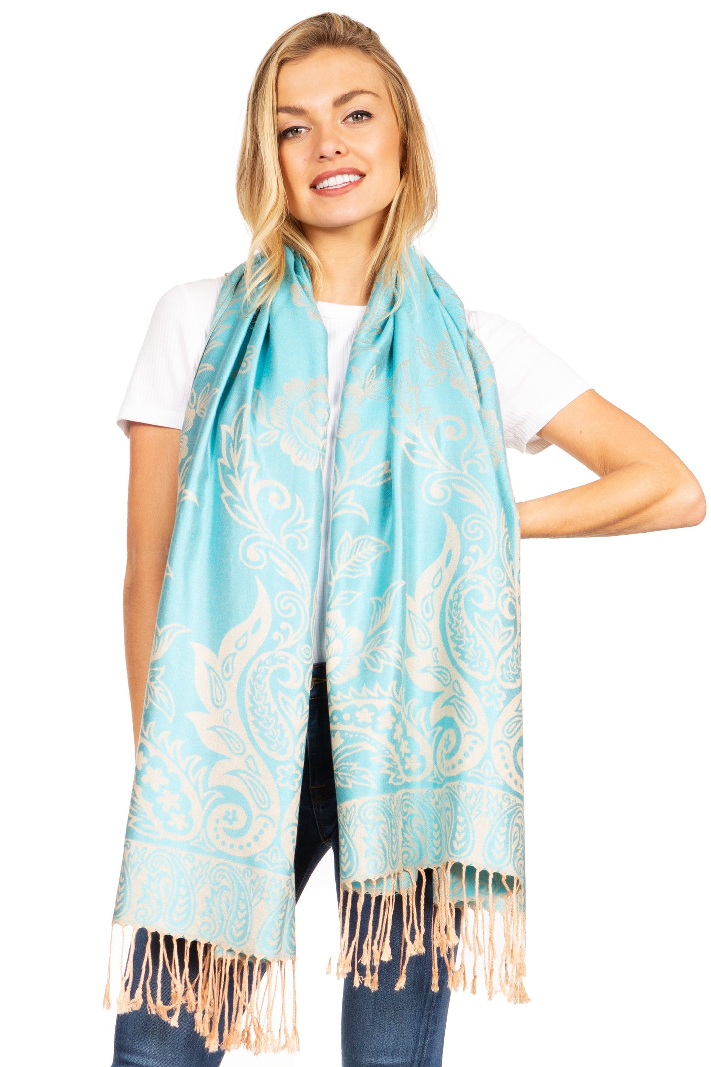 Sakkas Damari Women's Silky Soft Reversible Border Woven Pashmina Scarf Shawl Wrap - Concordia Style Boutique