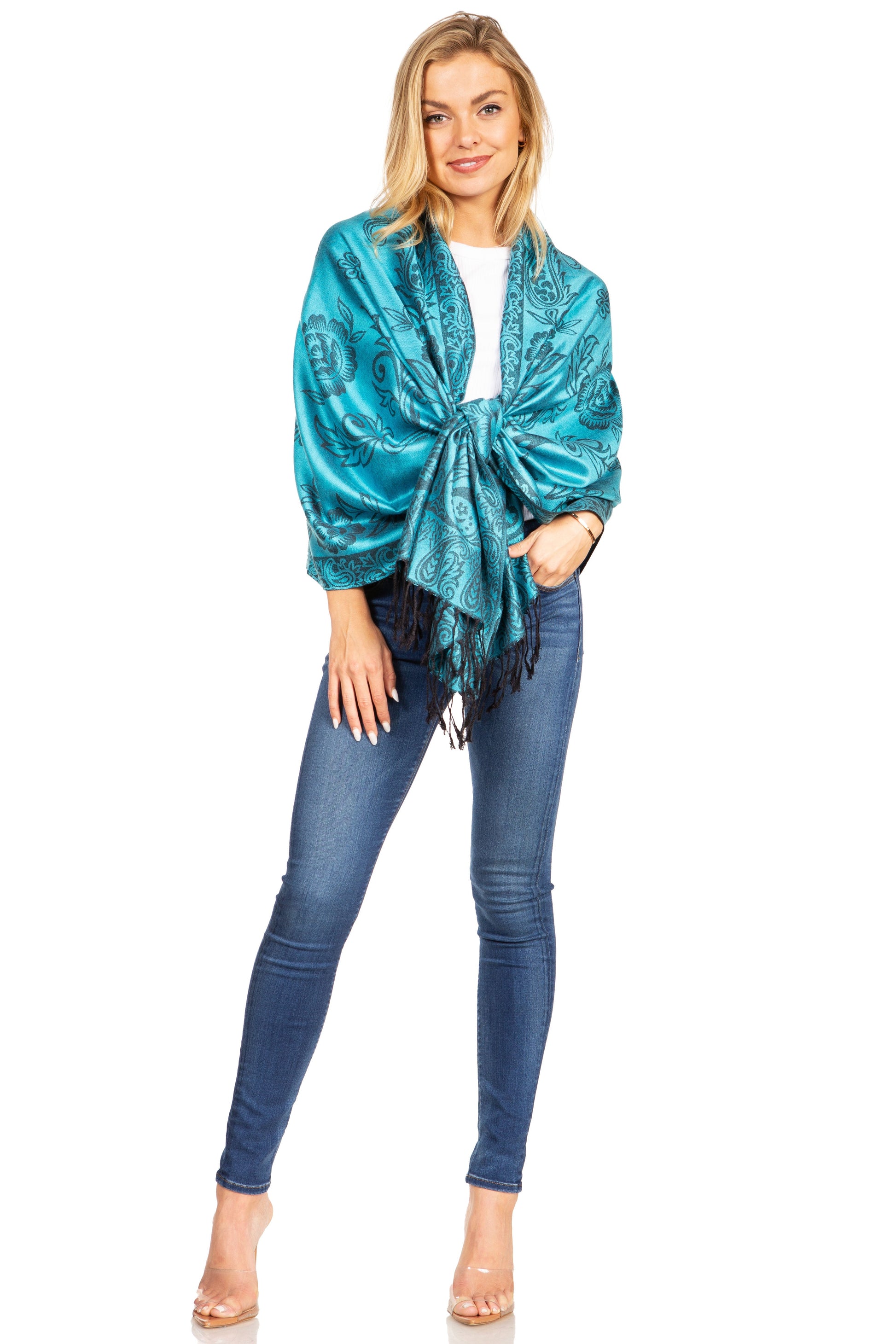 Sakkas Damari Women's Silky Soft Reversible Border Woven Pashmina Scarf Shawl Wrap - Concordia Style Boutique