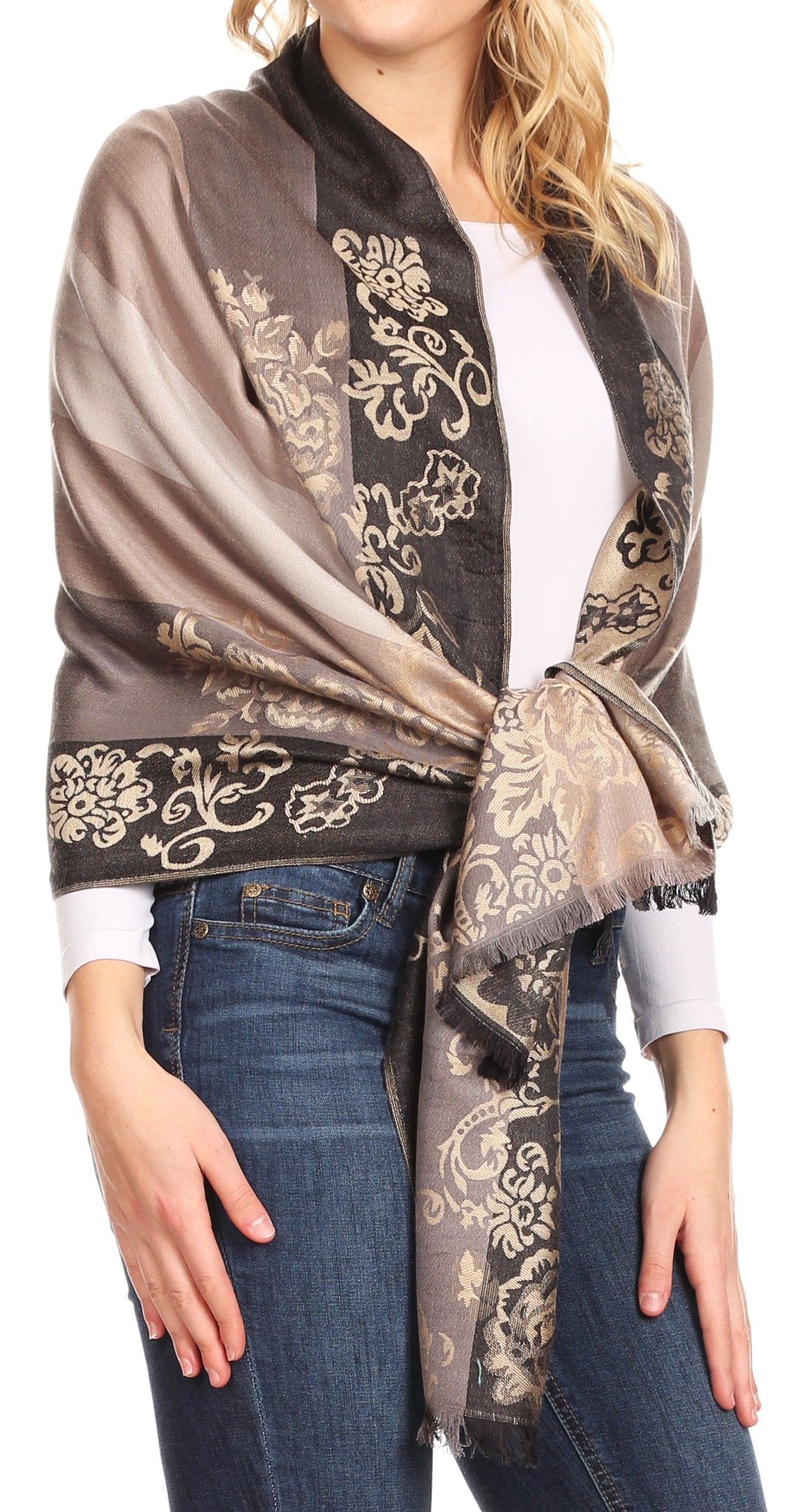Sakkas Damari Women's Silky Soft Reversible Border Woven Pashmina Scarf Shawl Wrap - Concordia Style Boutique