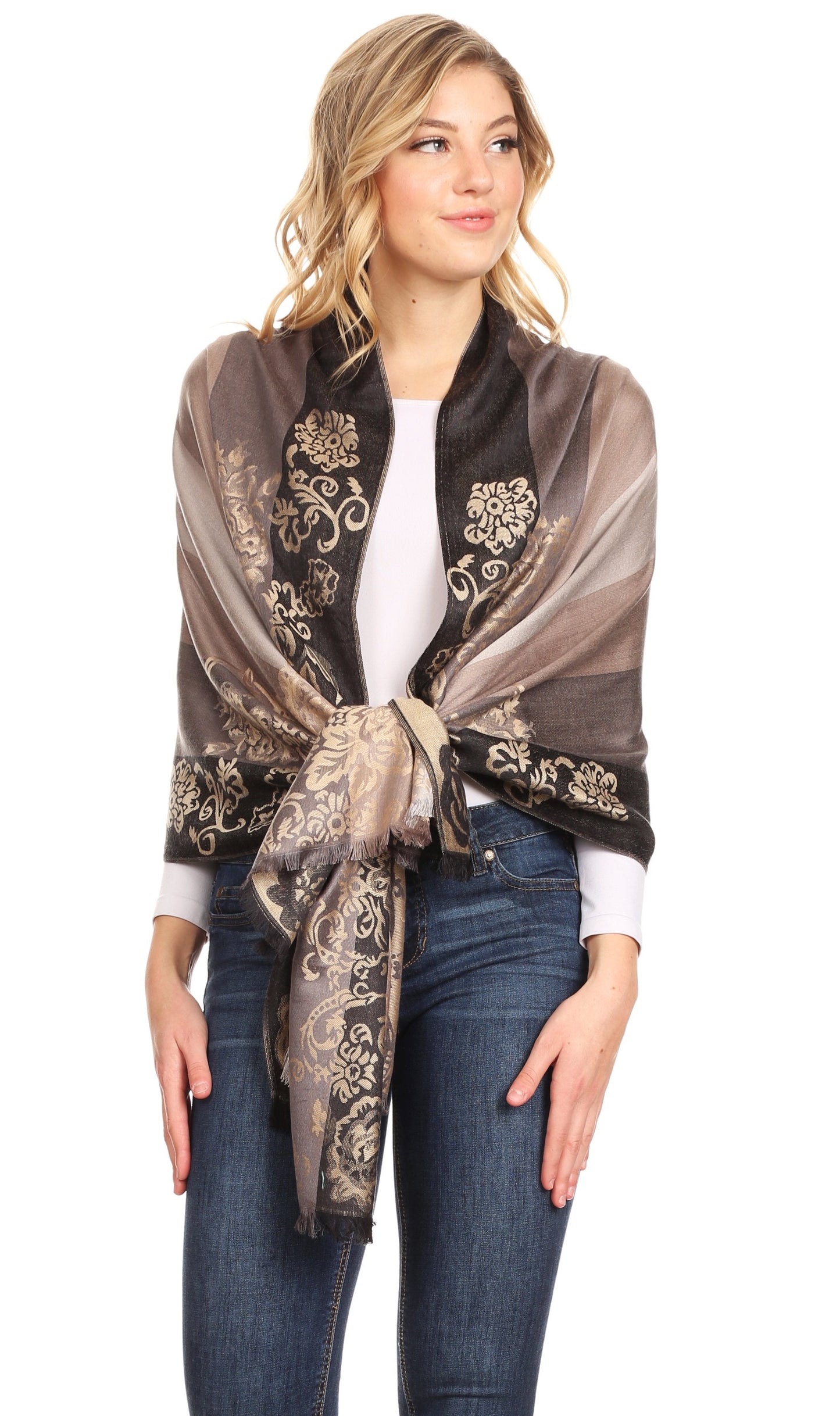 Sakkas Damari Women's Silky Soft Reversible Border Woven Pashmina Scarf Shawl Wrap - Concordia Style Boutique