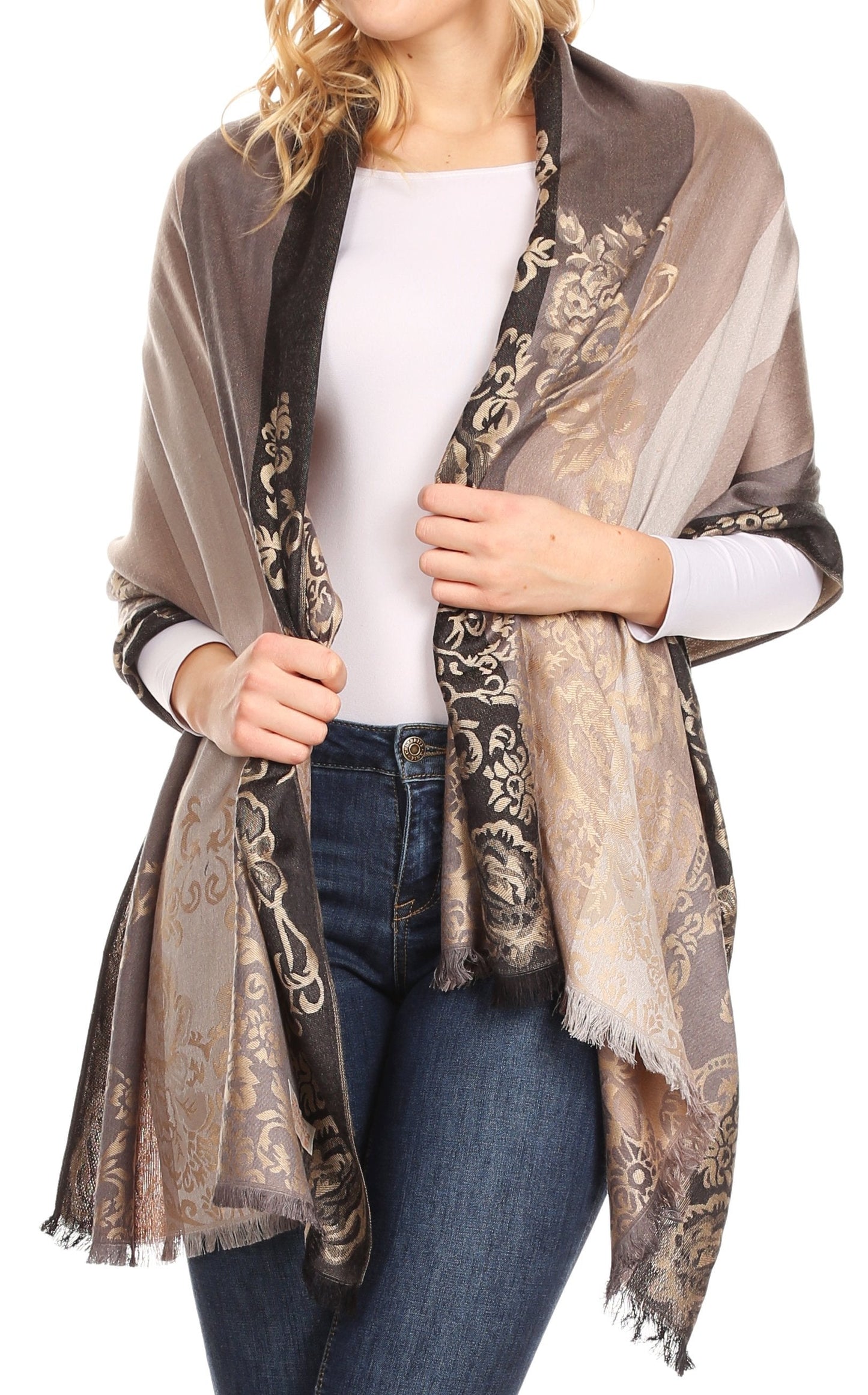 Sakkas Damari Women's Silky Soft Reversible Border Woven Pashmina Scarf Shawl Wrap - Concordia Style Boutique