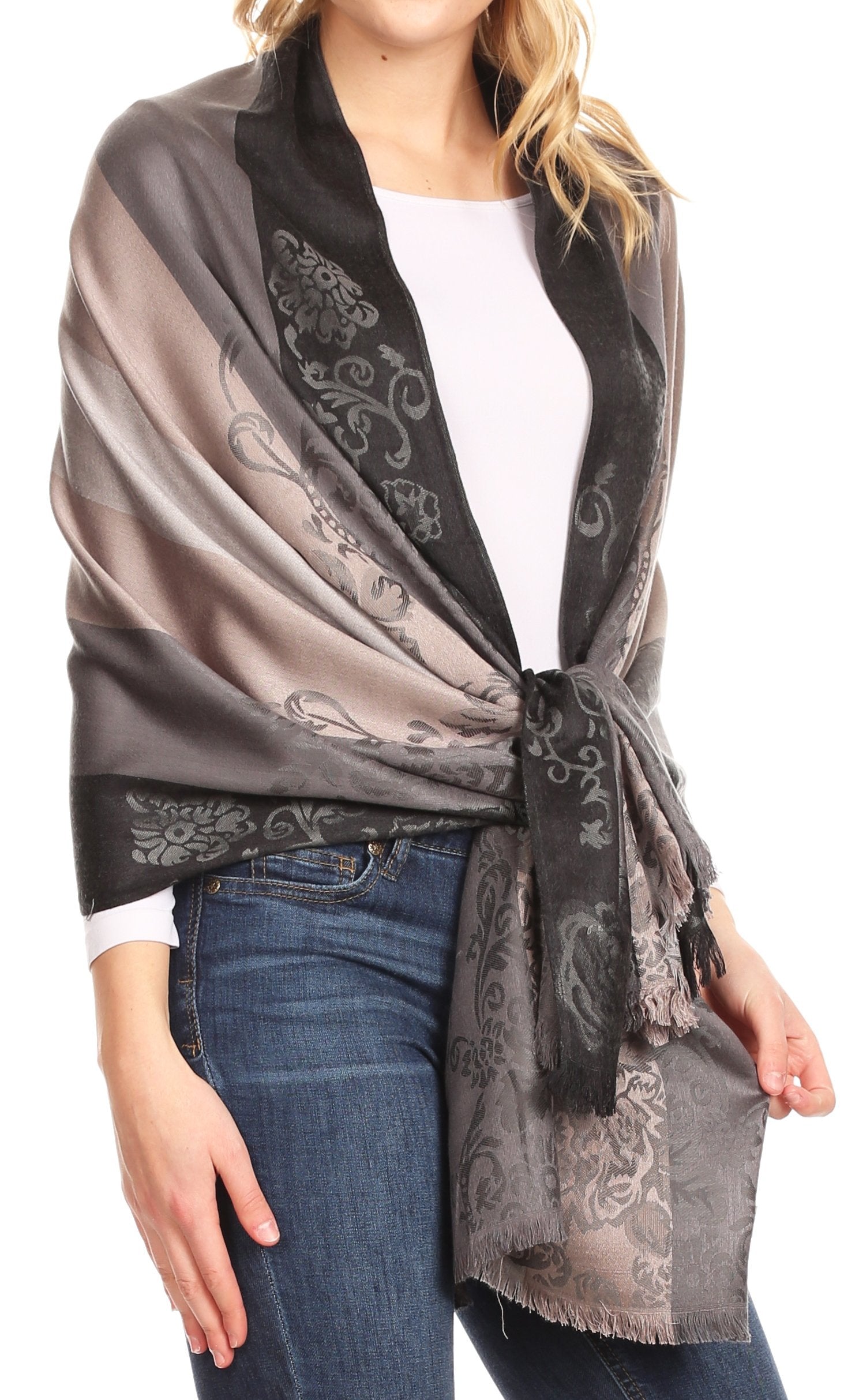 Sakkas Damari Women's Silky Soft Reversible Border Woven Pashmina Scarf Shawl Wrap - Concordia Style Boutique