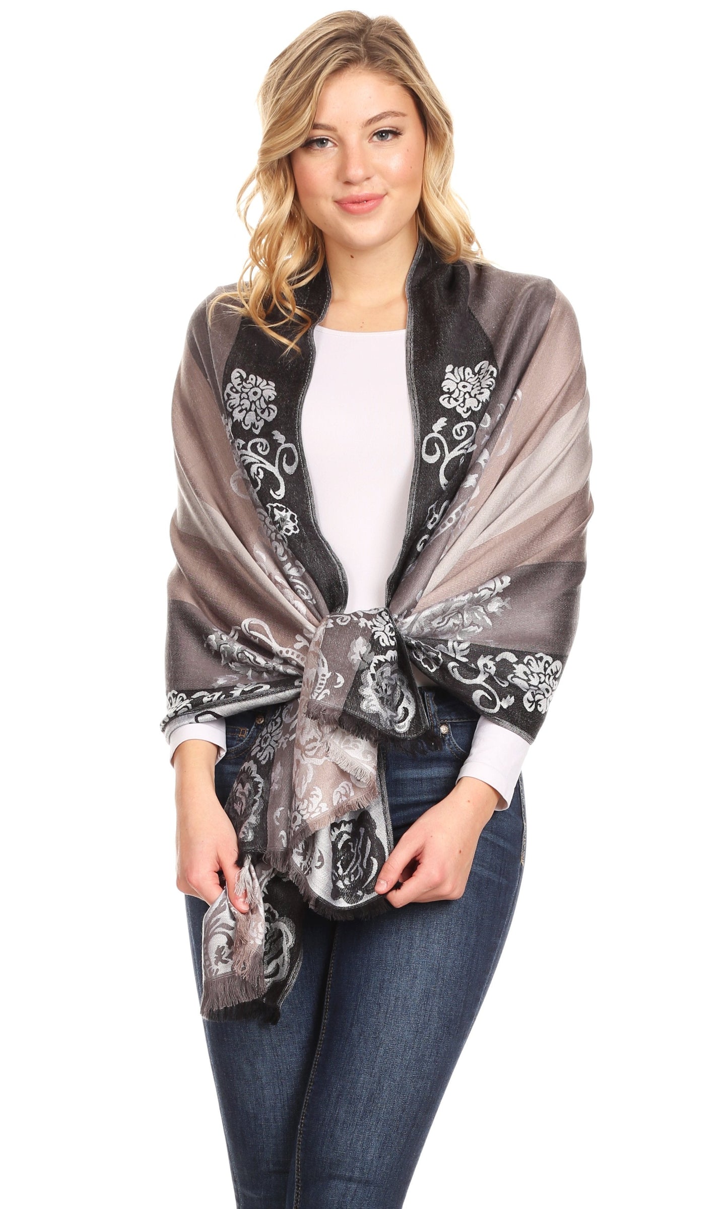 Sakkas Damari Women's Silky Soft Reversible Border Woven Pashmina Scarf Shawl Wrap - Concordia Style Boutique