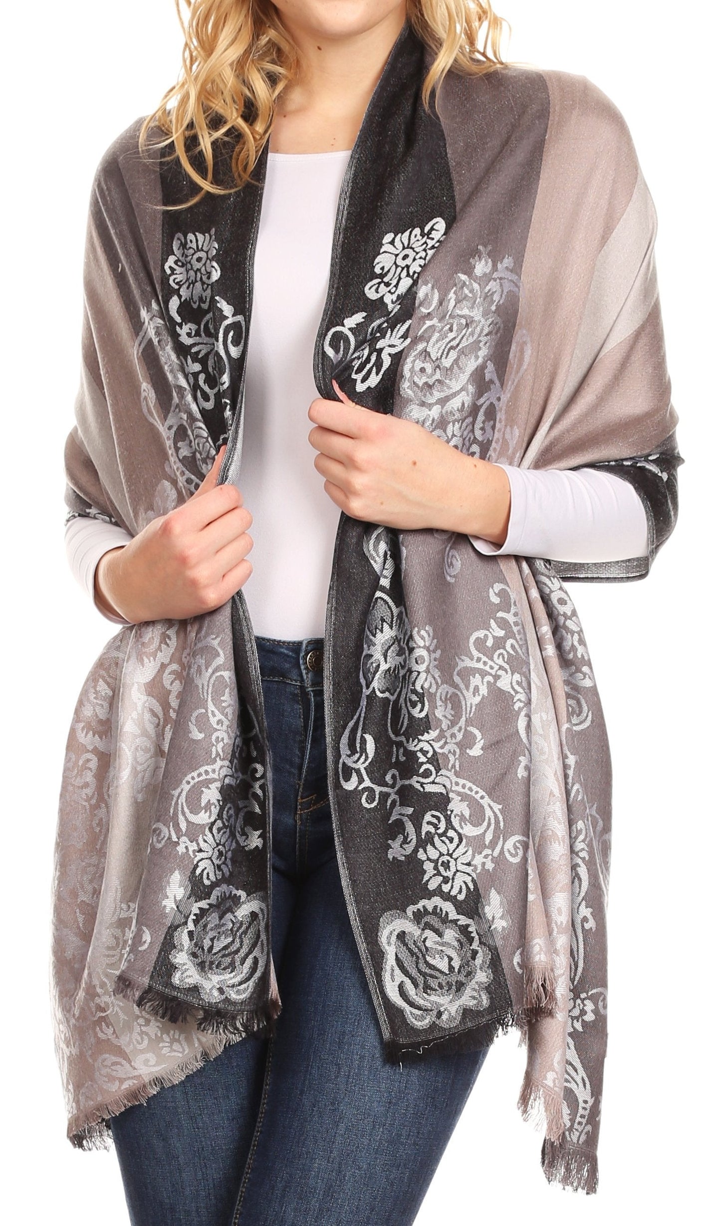 Sakkas Damari Women's Silky Soft Reversible Border Woven Pashmina Scarf Shawl Wrap - Concordia Style Boutique