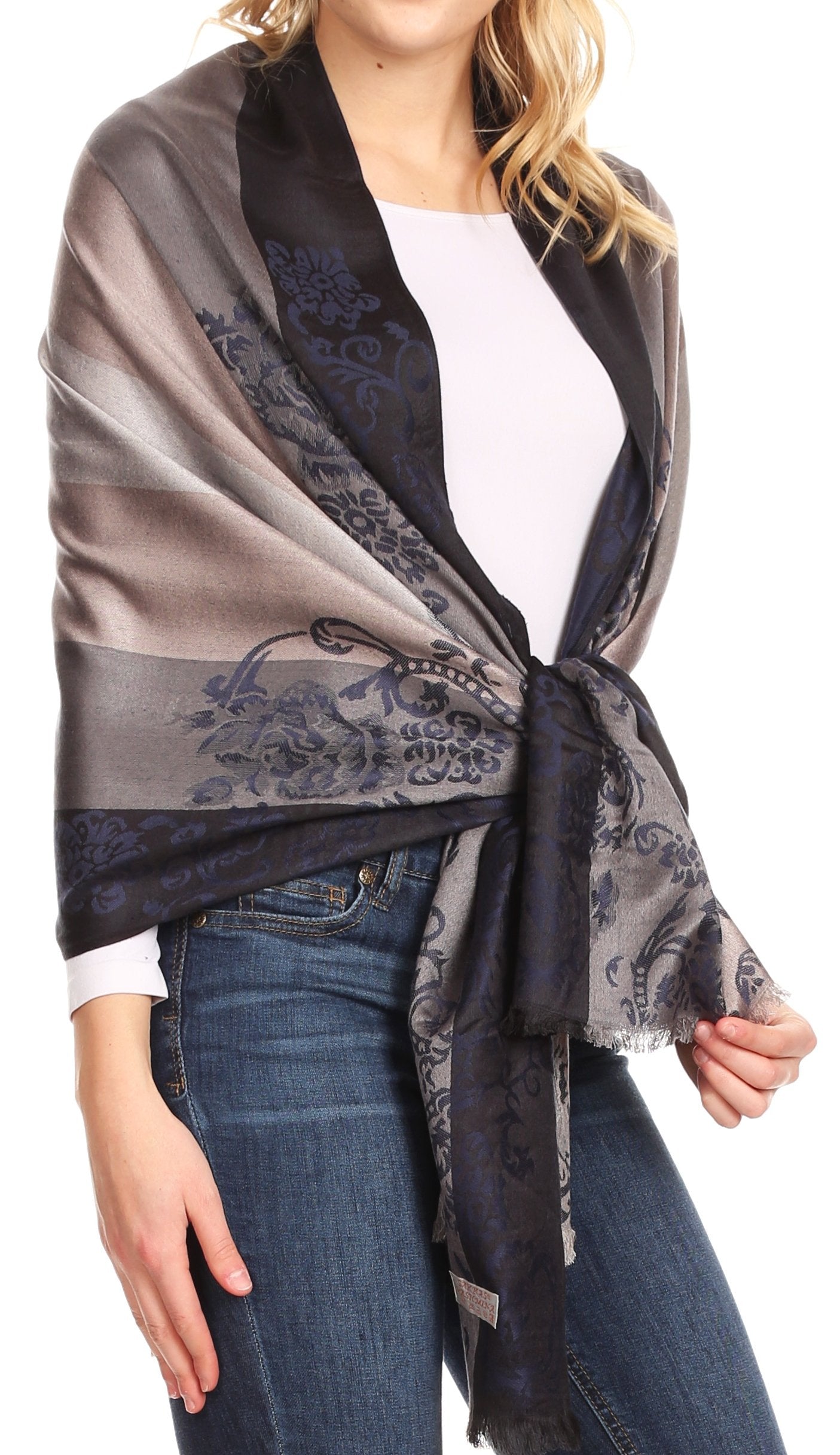 Sakkas Damari Women's Silky Soft Reversible Border Woven Pashmina Scarf Shawl Wrap - Concordia Style Boutique