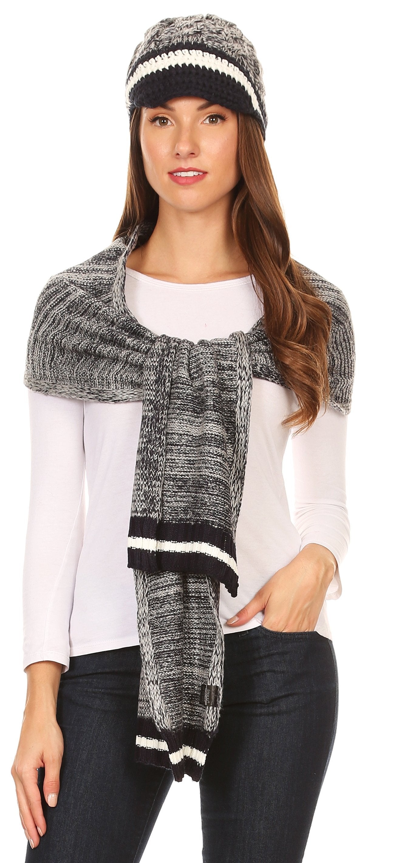 Sakkas Theo Unisex Warm Winter Heather and stripes Knit Hat & Scarf Set - Concordia Style Boutique