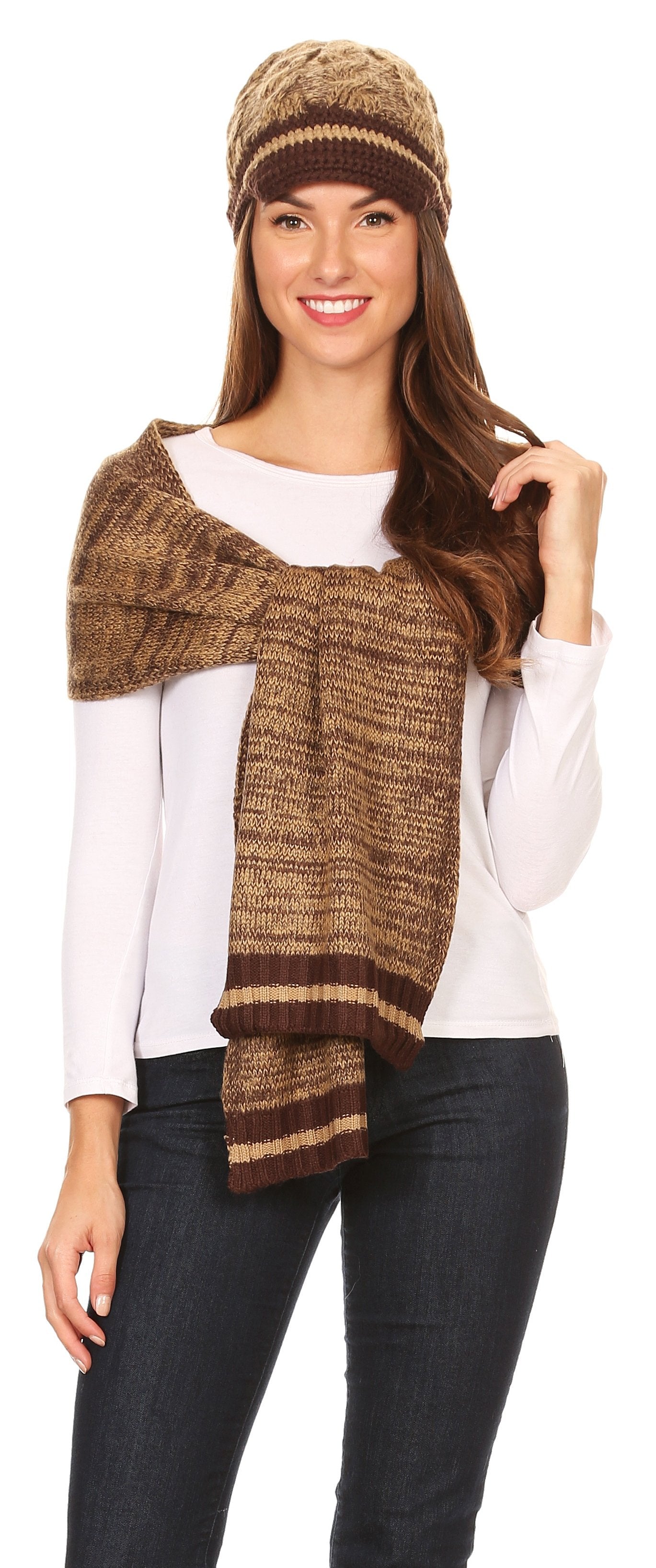 Sakkas Theo Unisex Warm Winter Heather and stripes Knit Hat & Scarf Set - Concordia Style Boutique