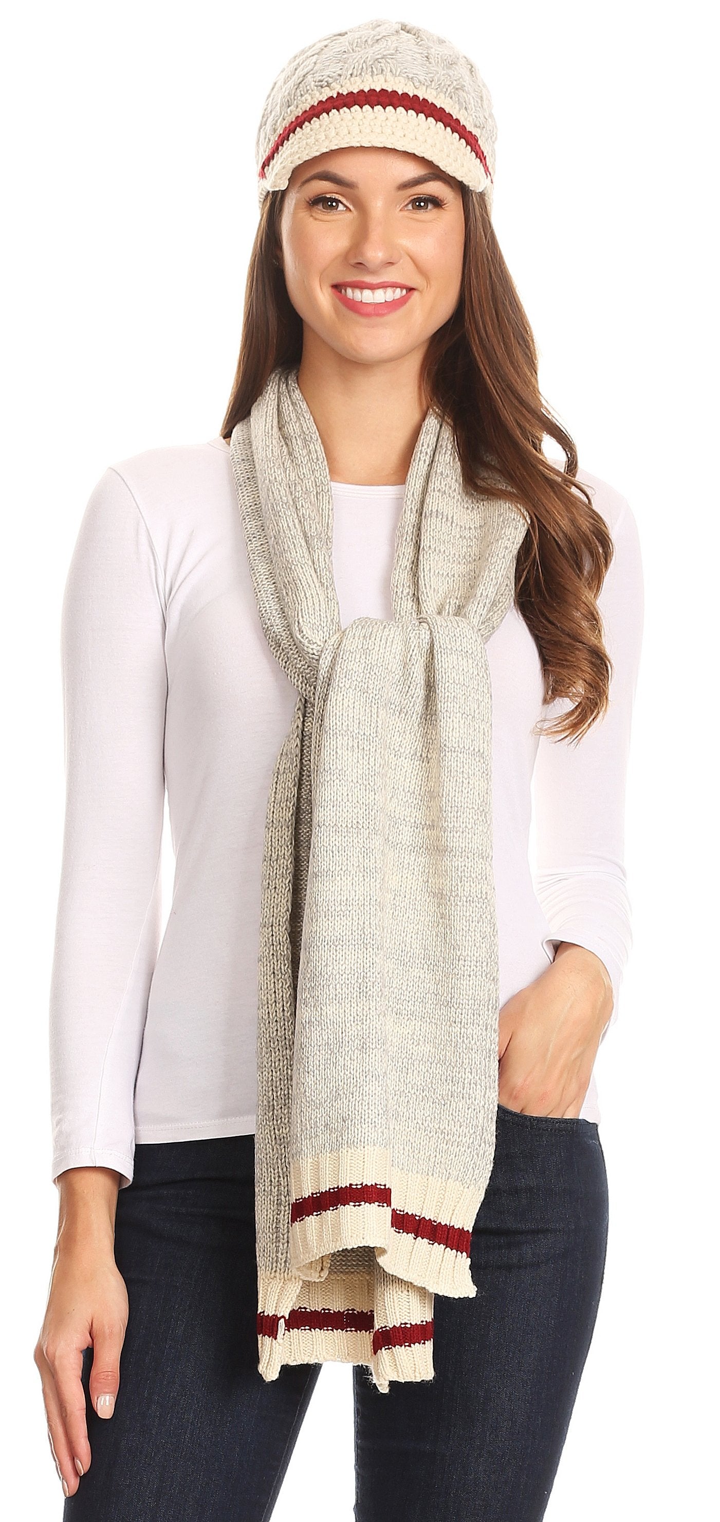 Sakkas Theo Unisex Warm Winter Heather and stripes Knit Hat & Scarf Set - Concordia Style Boutique