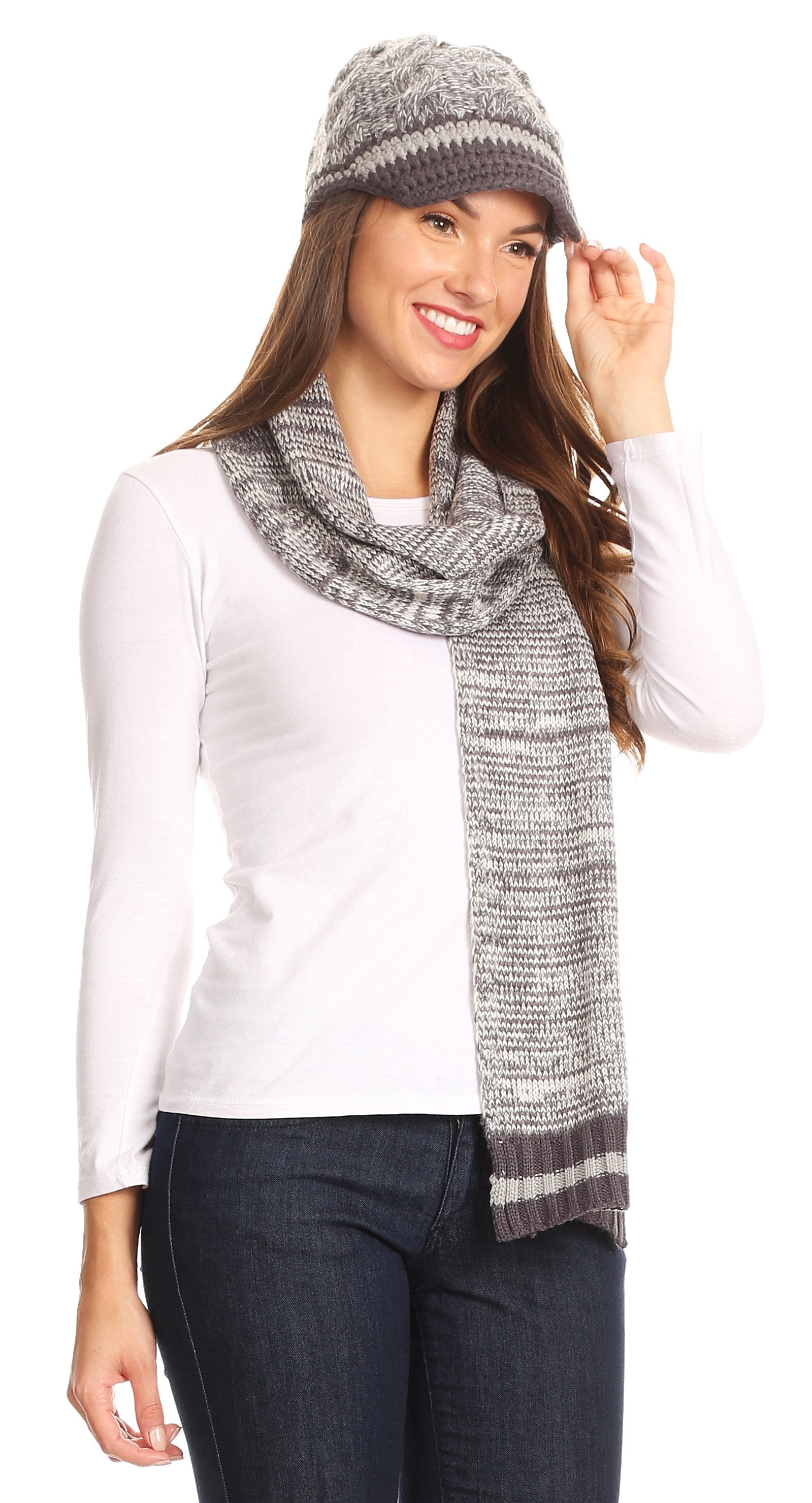 Sakkas Theo Unisex Warm Winter Heather and stripes Knit Hat & Scarf Set - Concordia Style Boutique