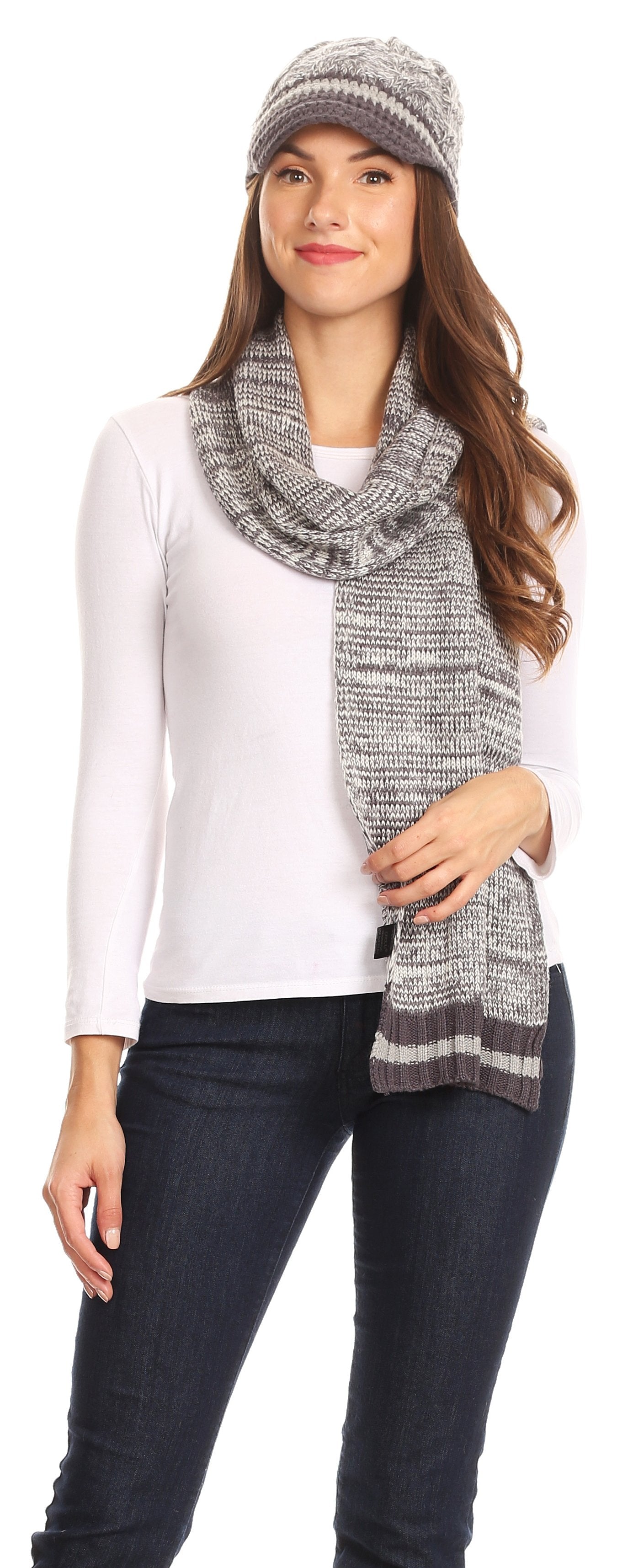 Sakkas Theo Unisex Warm Winter Heather and stripes Knit Hat & Scarf Set - Concordia Style Boutique