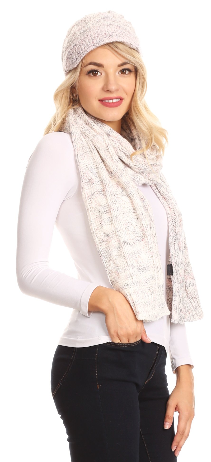 Sakkas Coline Soft Heather Chunky Cable knit Hat and Scarf Set Warm Cozy Winter - Concordia Style Boutique
