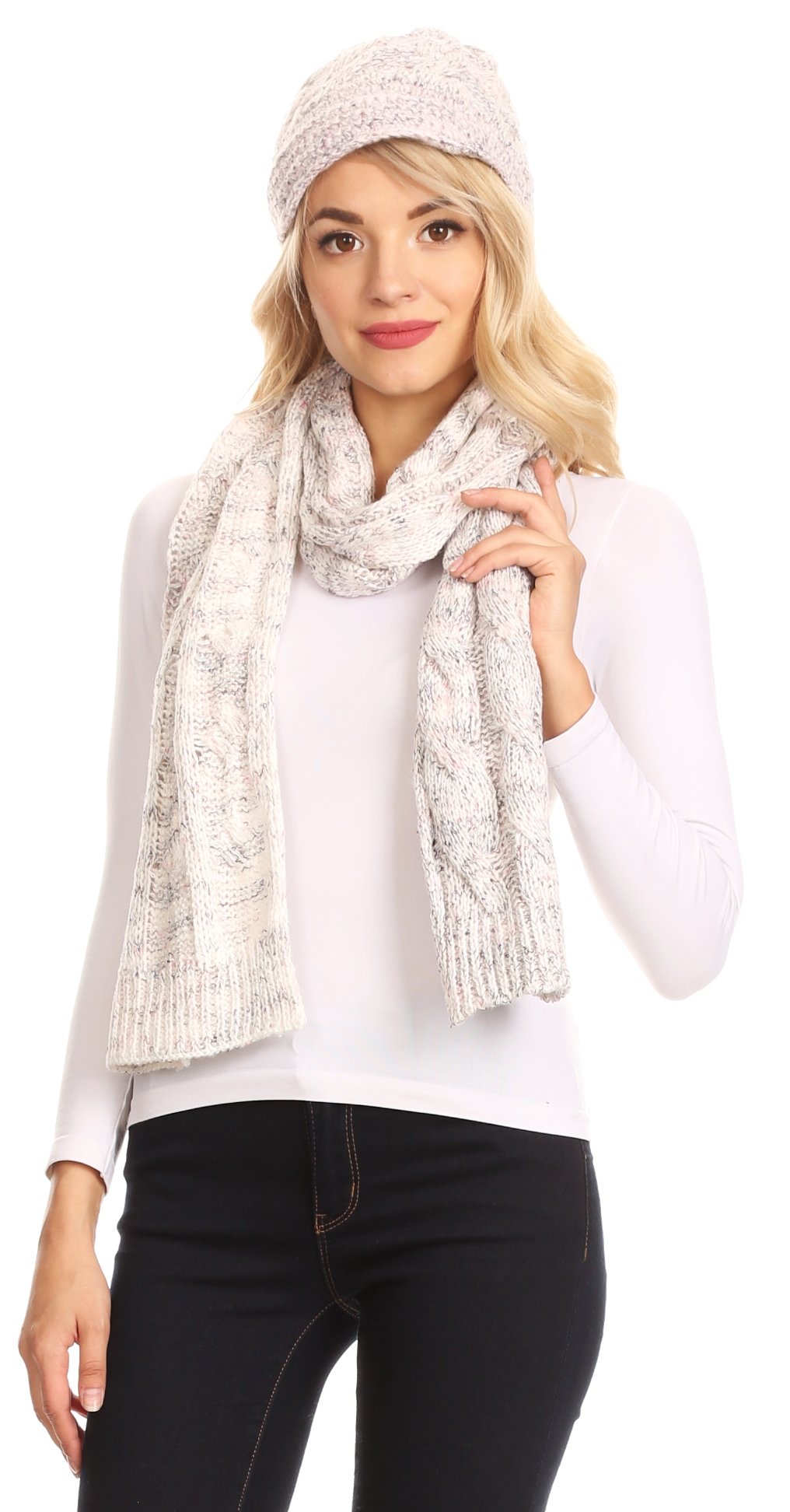 Sakkas Coline Soft Heather Chunky Cable knit Hat and Scarf Set Warm Cozy Winter - Concordia Style Boutique