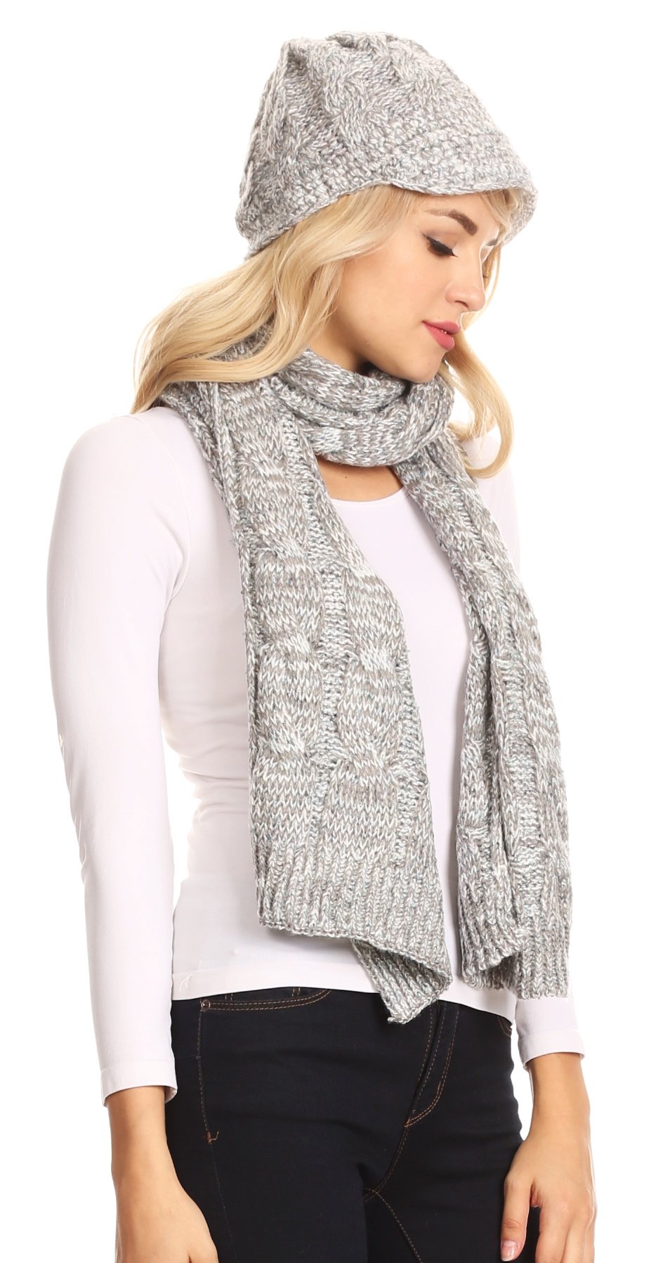 Sakkas Coline Soft Heather Chunky Cable knit Hat and Scarf Set Warm Cozy Winter - Concordia Style Boutique
