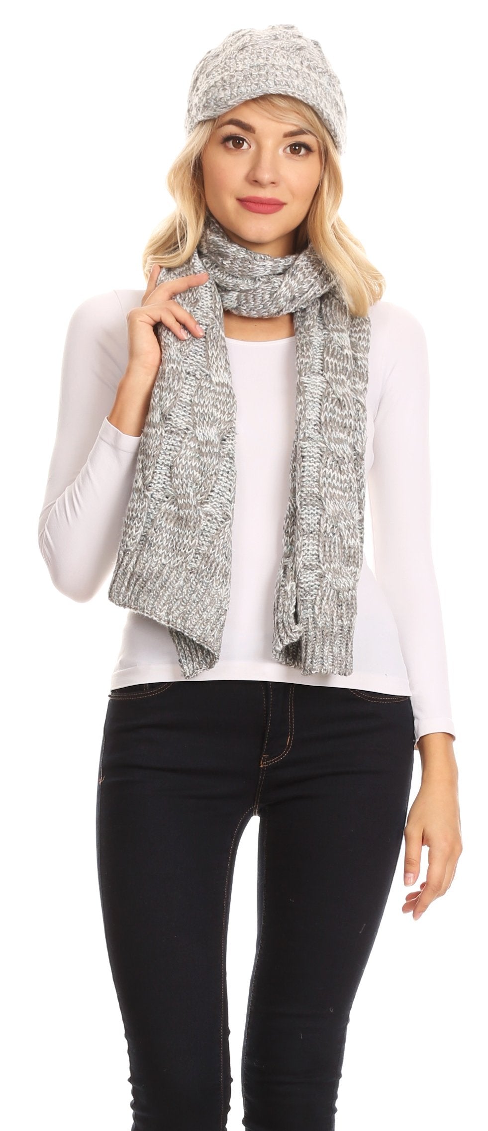 Sakkas Coline Soft Heather Chunky Cable knit Hat and Scarf Set Warm Cozy Winter - Concordia Style Boutique
