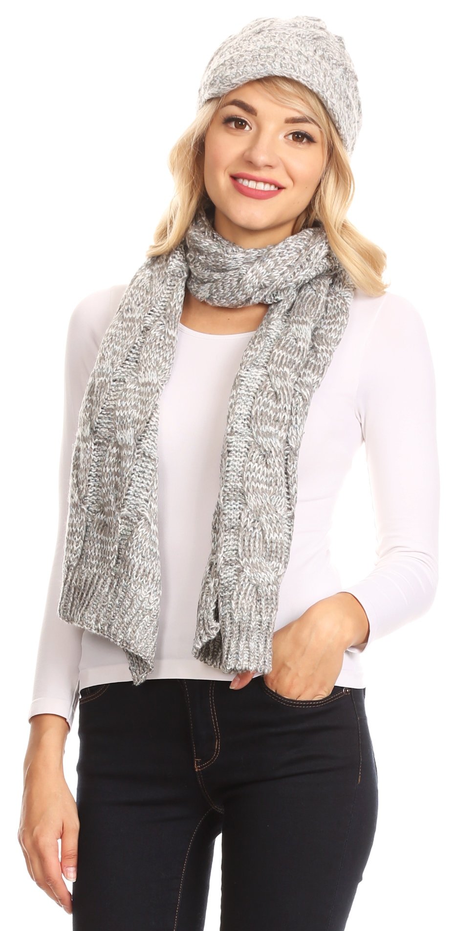 Sakkas Coline Soft Heather Chunky Cable knit Hat and Scarf Set Warm Cozy Winter - Concordia Style Boutique
