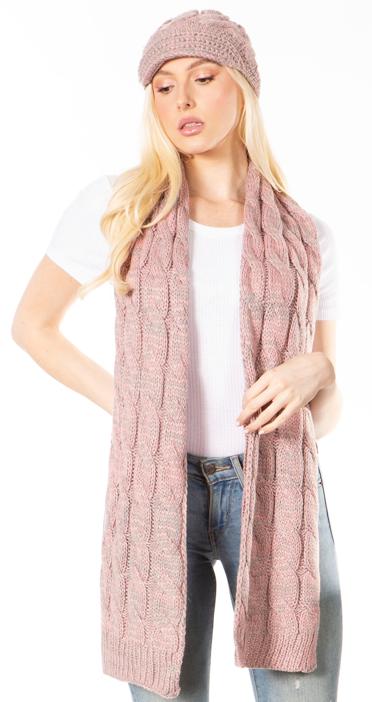 Sakkas Coline Soft Heather Chunky Cable knit Hat and Scarf Set Warm Cozy Winter - Concordia Style Boutique