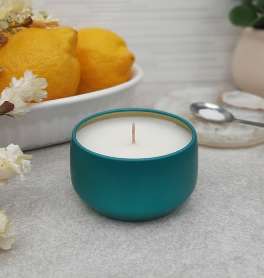Sugared Lemons 4 oz Candle | Teal Blue Travel Tin