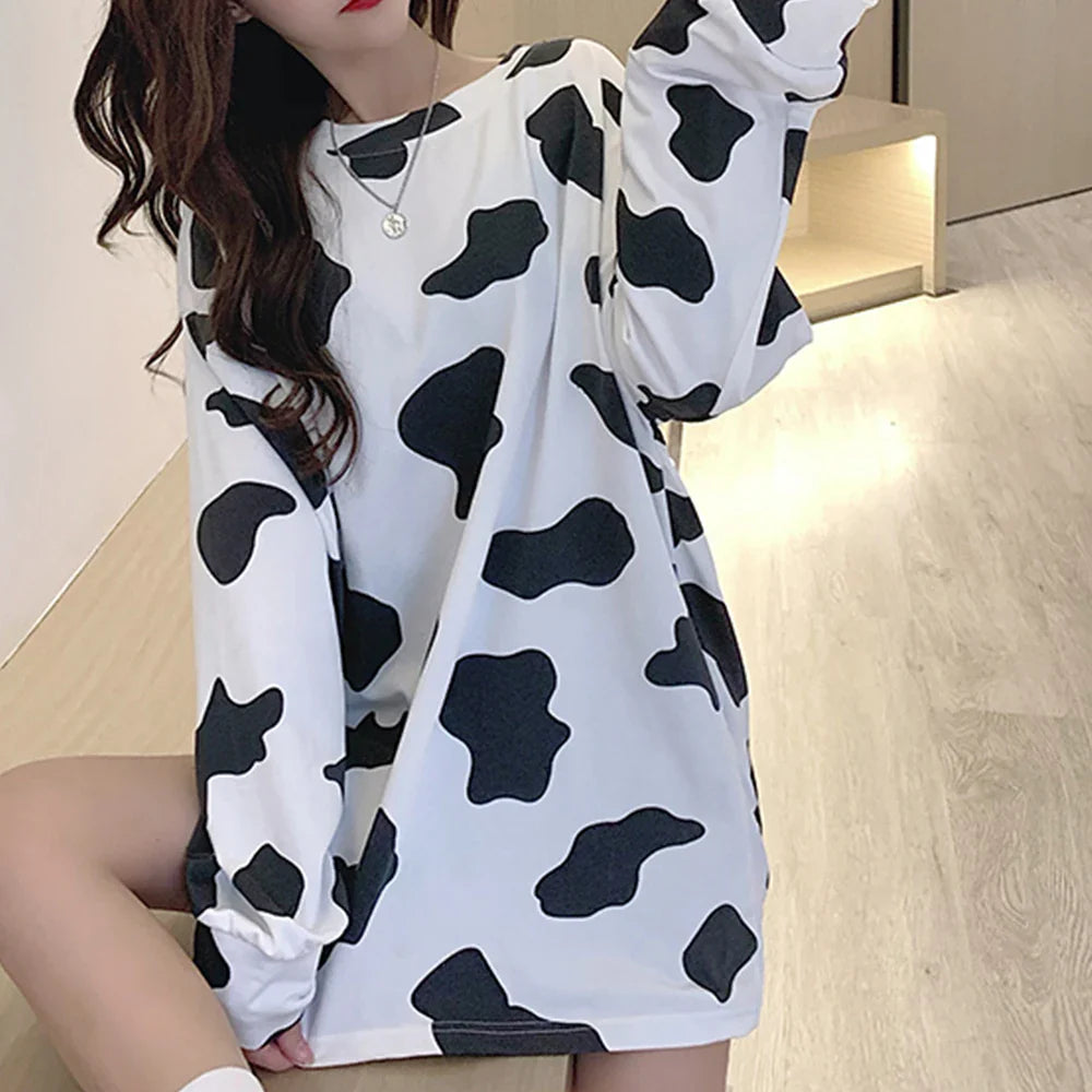 Long Sleeve Loose Cow Print Top