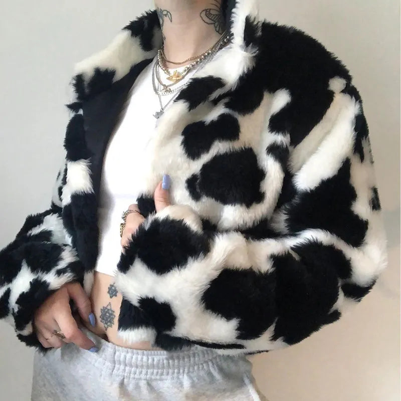 Cow Print Faux Furry Cropped Coat - Concordia Style Boutique