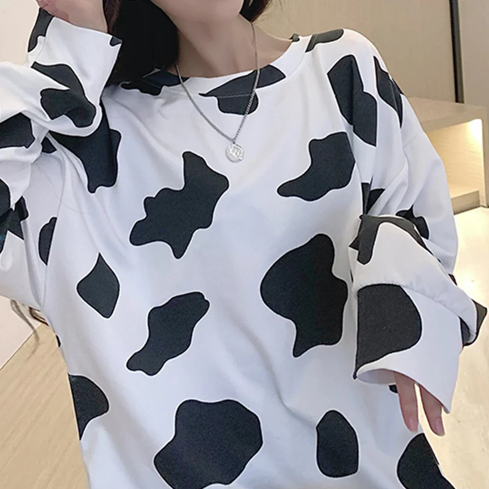 Long Sleeve Loose Cow Print Top