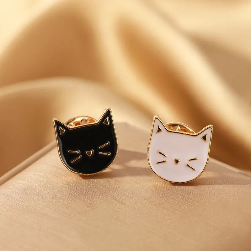 Gold Brooches for Men & Women - Black White Kitty Badge Pins Jewelry