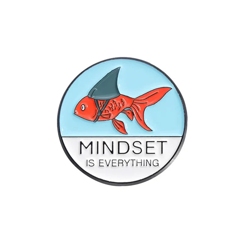 Mindset Is Everything Goldfish Shark Enamel Pin Brooch Lapel Badge Jewelry Gift
