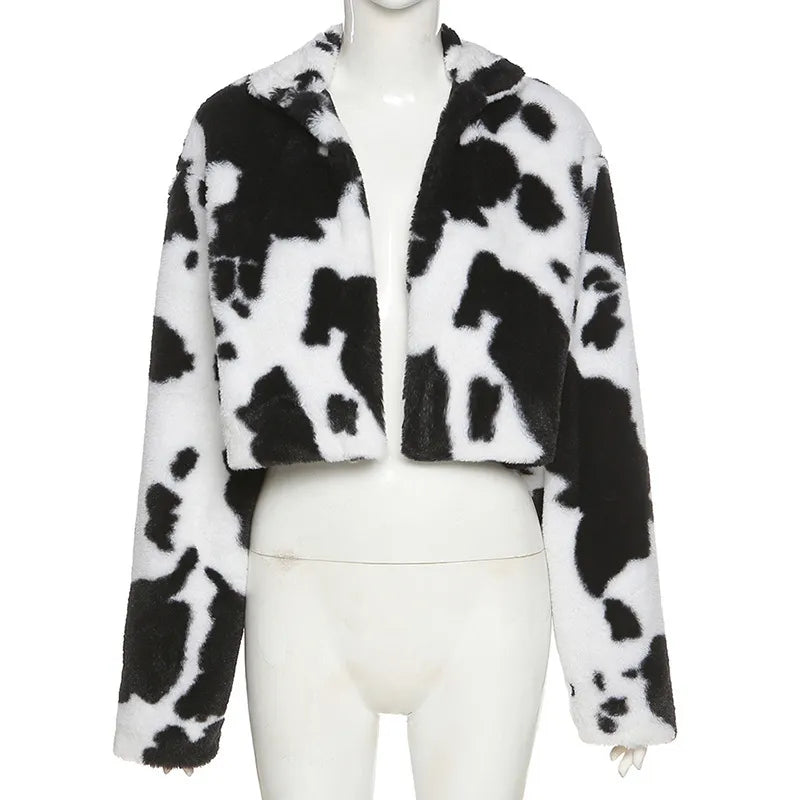 Cow Print Faux Furry Cropped Coat - Concordia Style Boutique