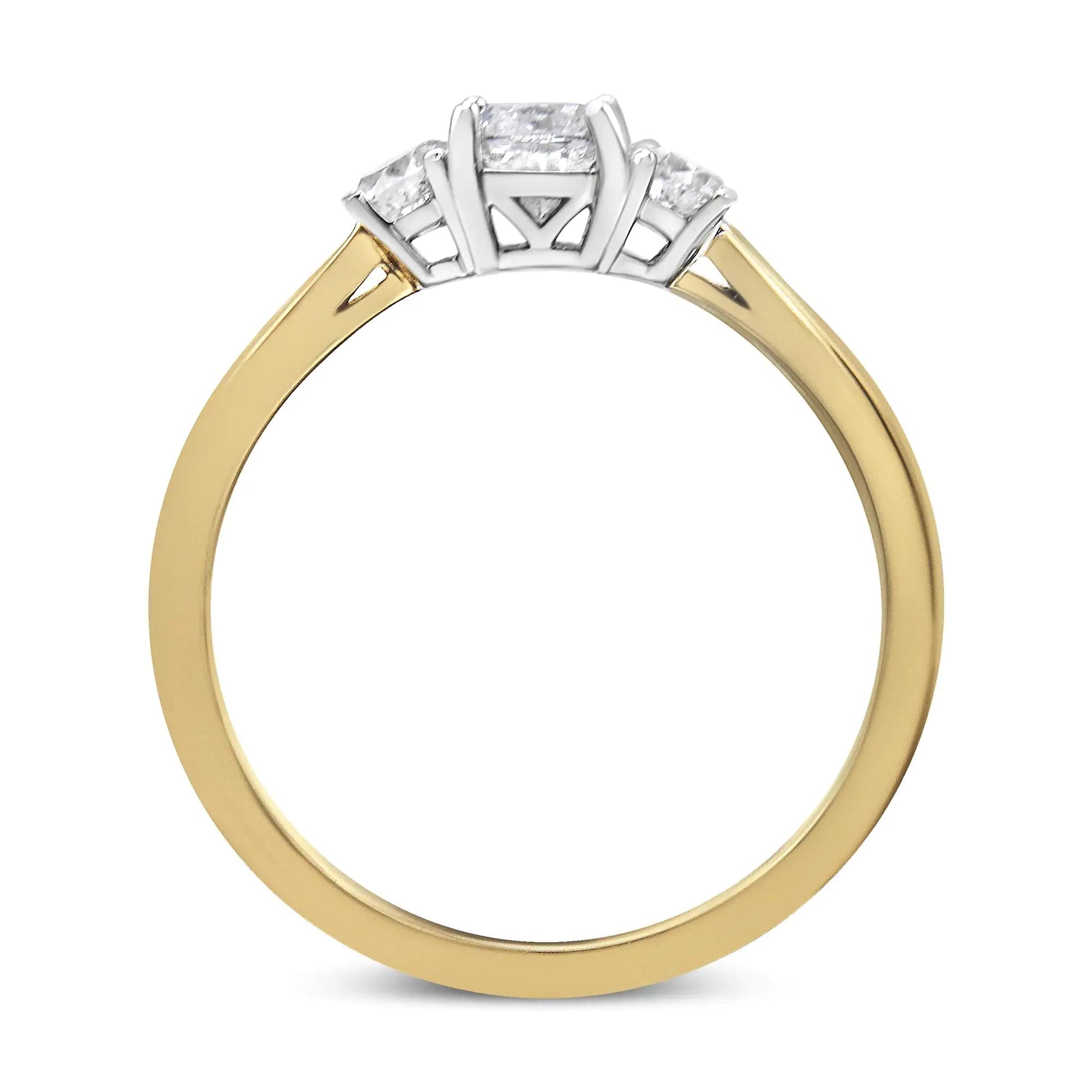 *SOLD OUT* 14K Yellow Gold 3/4 Cttw Cushion and Round-Cut Diamond Bostonian Style 3 Stone Engagement Ring (I-J Color, SI2-I1 Clarity) - Concordia Style Boutique
