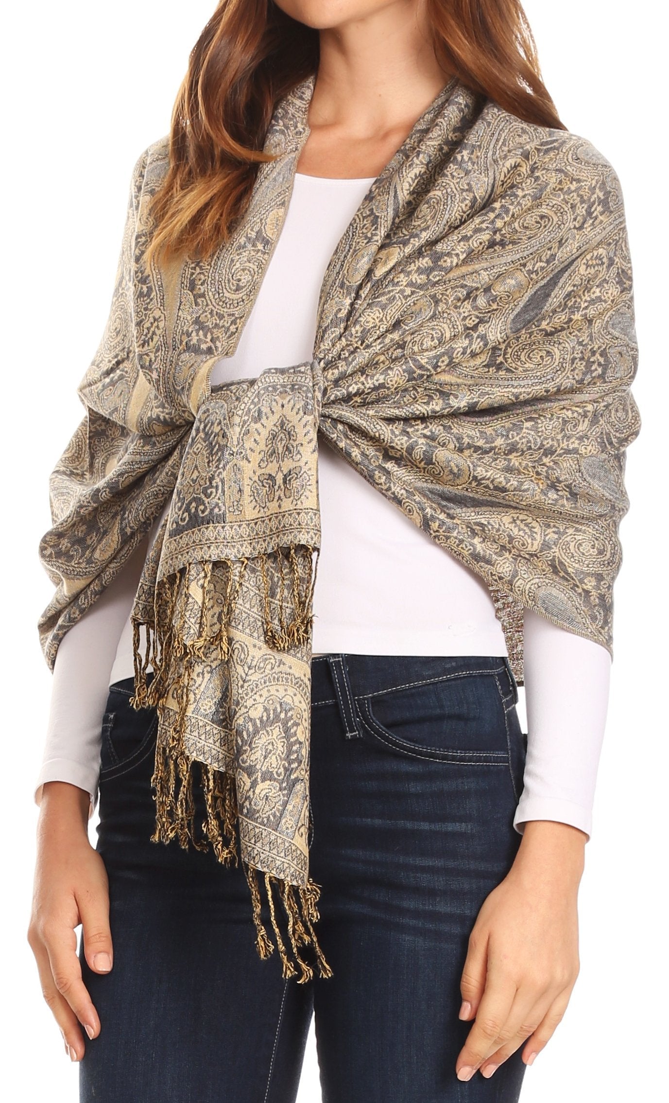Sakkas Kalin Long Wide Woven Patterned Fringe Tassel Pashmina Shawl / Scarf - Concordia Style Boutique
