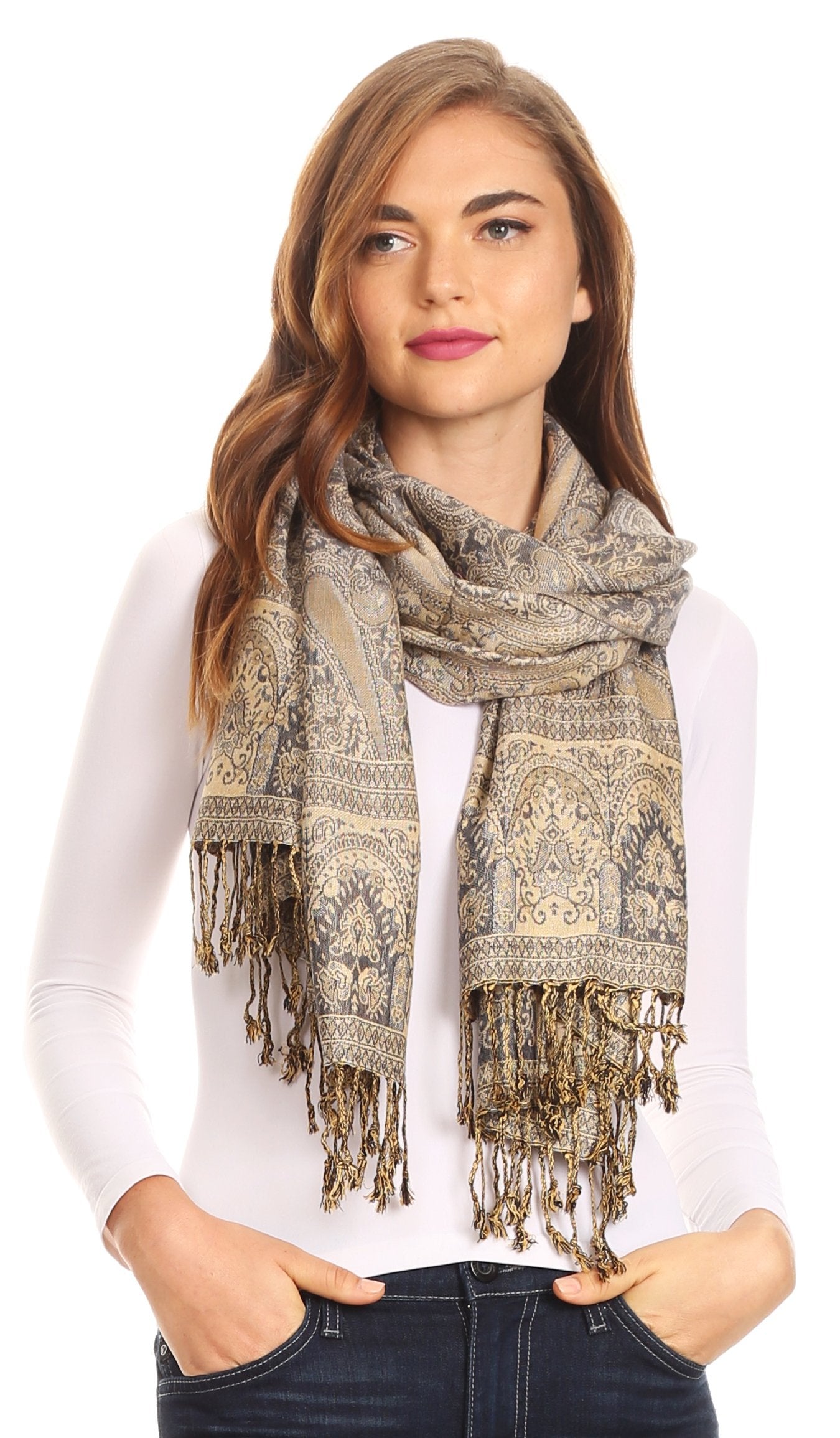 Sakkas Kalin Long Wide Woven Patterned Fringe Tassel Pashmina Shawl / Scarf - Concordia Style Boutique