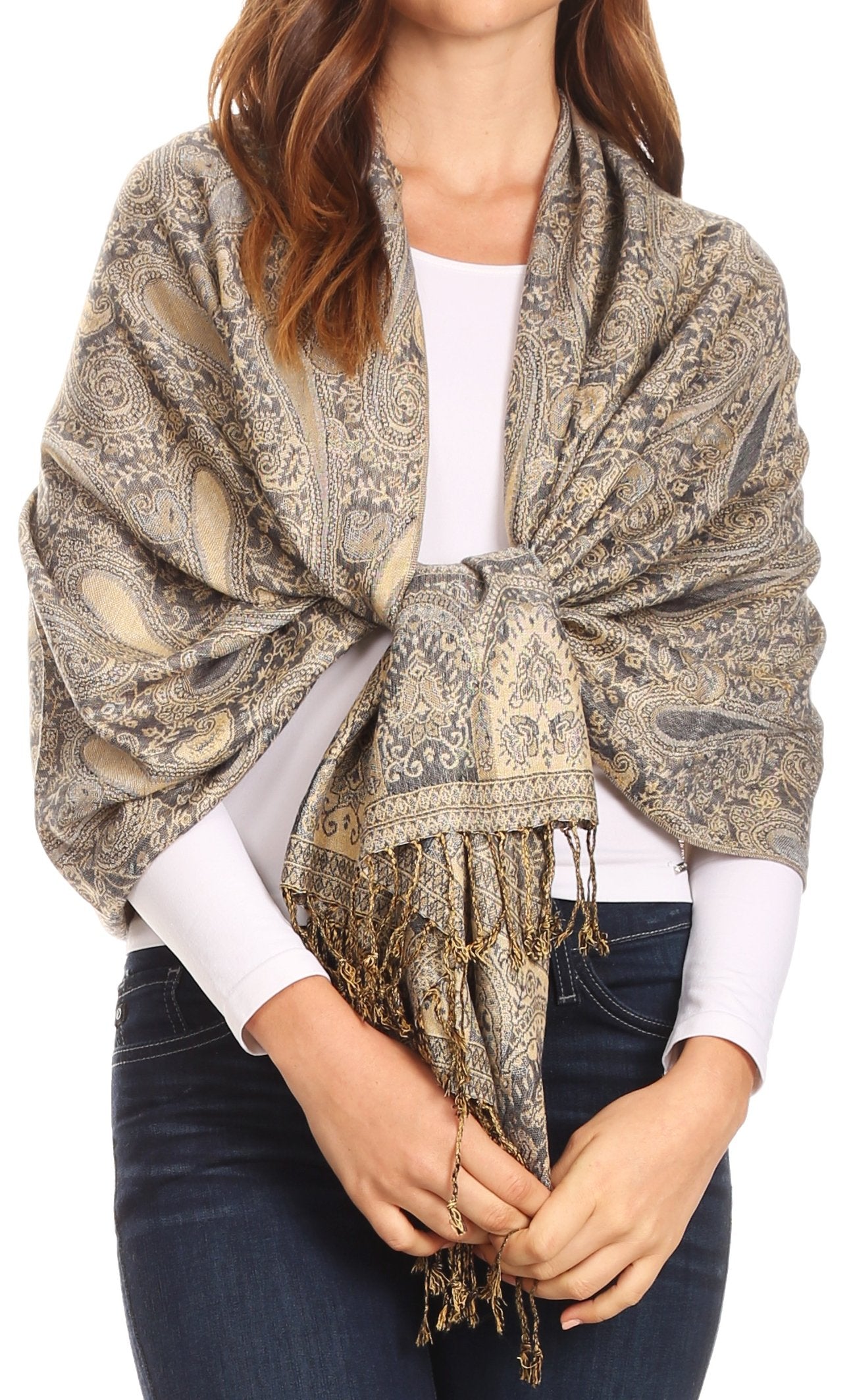 Sakkas Kalin Long Wide Woven Patterned Fringe Tassel Pashmina Shawl / Scarf - Concordia Style Boutique