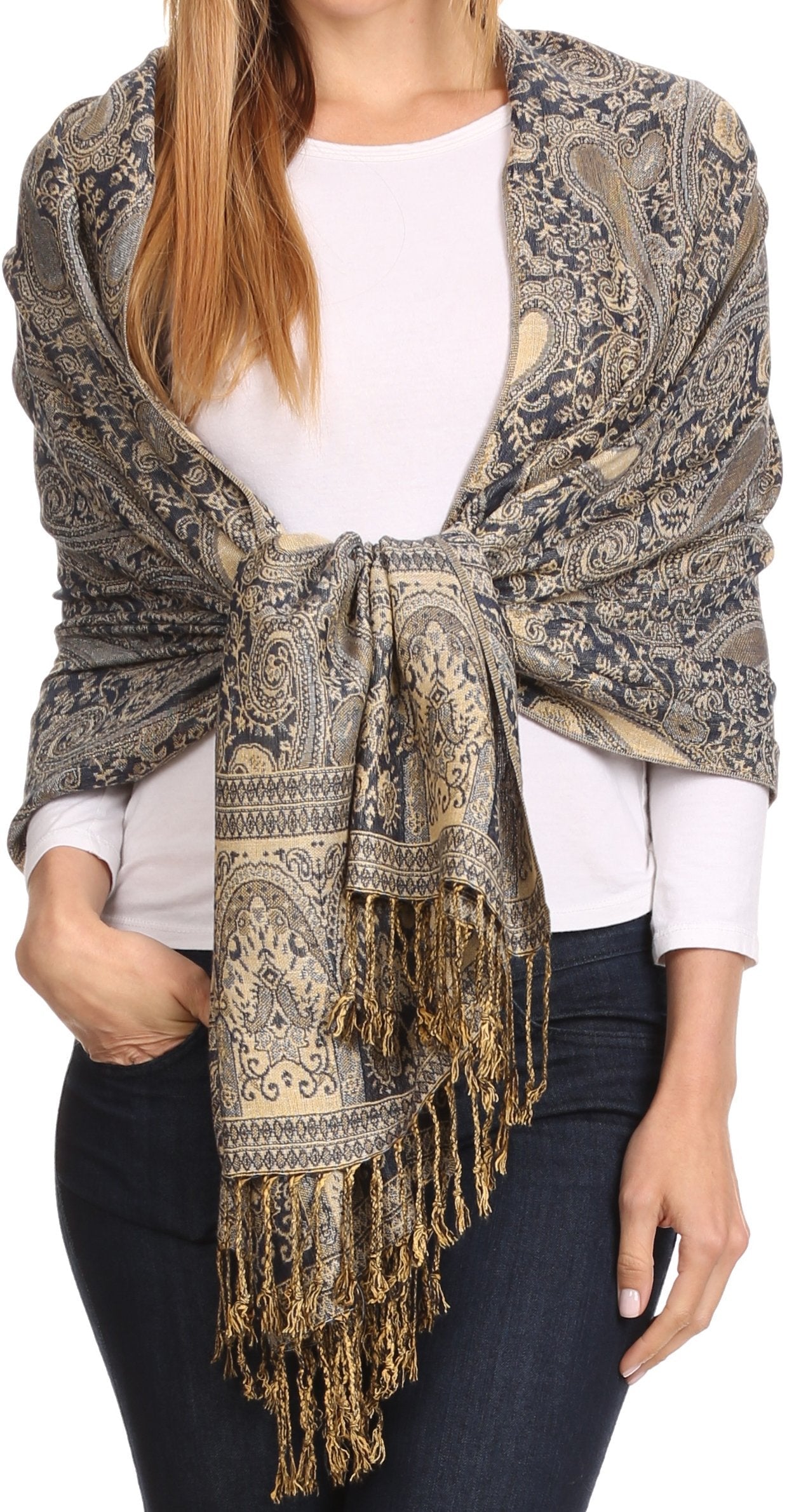 Sakkas Kalin Long Wide Woven Patterned Fringe Tassel Pashmina Shawl / Scarf - Concordia Style Boutique