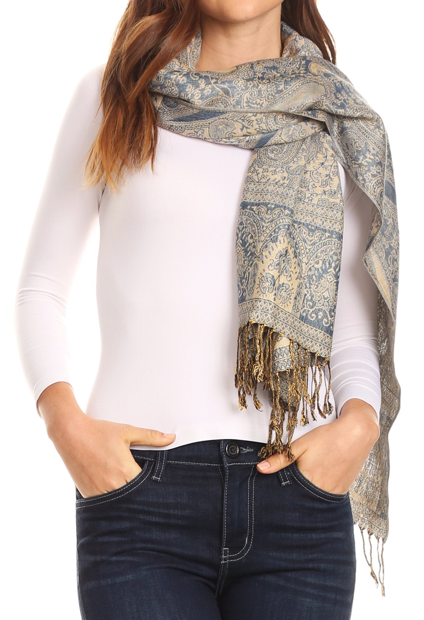 Sakkas Kalin Long Wide Woven Patterned Fringe Tassel Pashmina Shawl / Scarf - Concordia Style Boutique