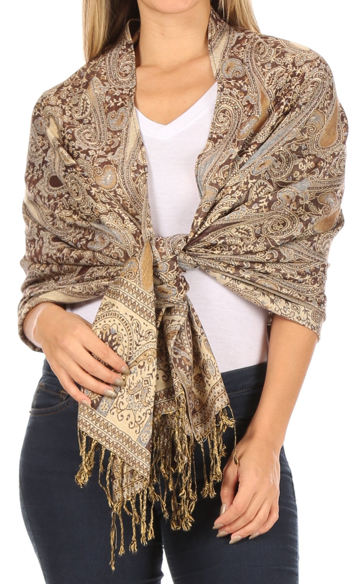 Sakkas Kalin Long Wide Woven Patterned Fringe Tassel Pashmina Shawl / Scarf - Concordia Style Boutique