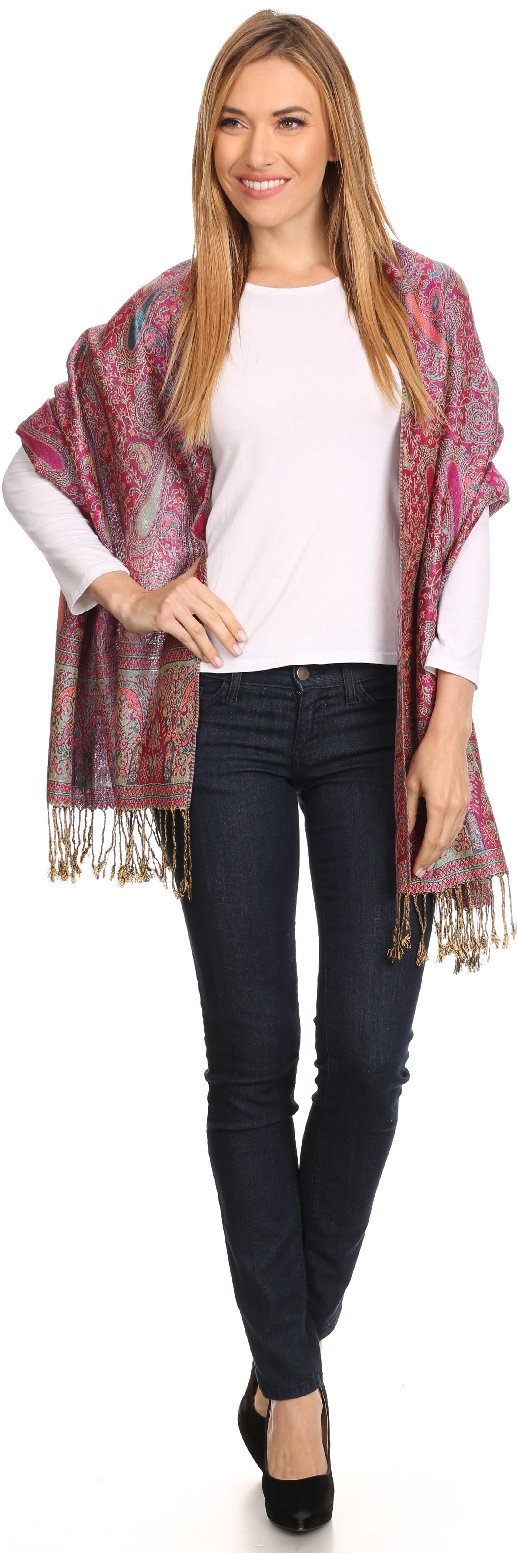 Sakkas Kalin Long Wide Woven Patterned Fringe Tassel Pashmina Shawl / Scarf - Concordia Style Boutique