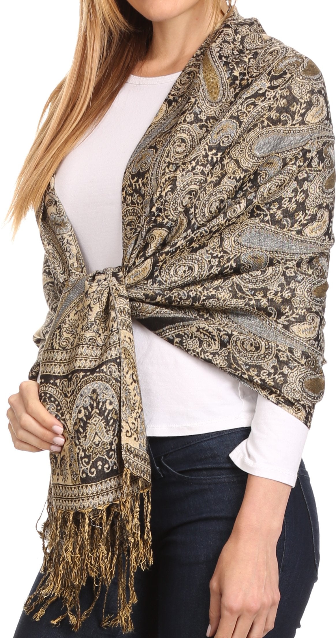 Sakkas Kalin Long Wide Woven Patterned Fringe Tassel Pashmina Shawl / Scarf - Concordia Style Boutique