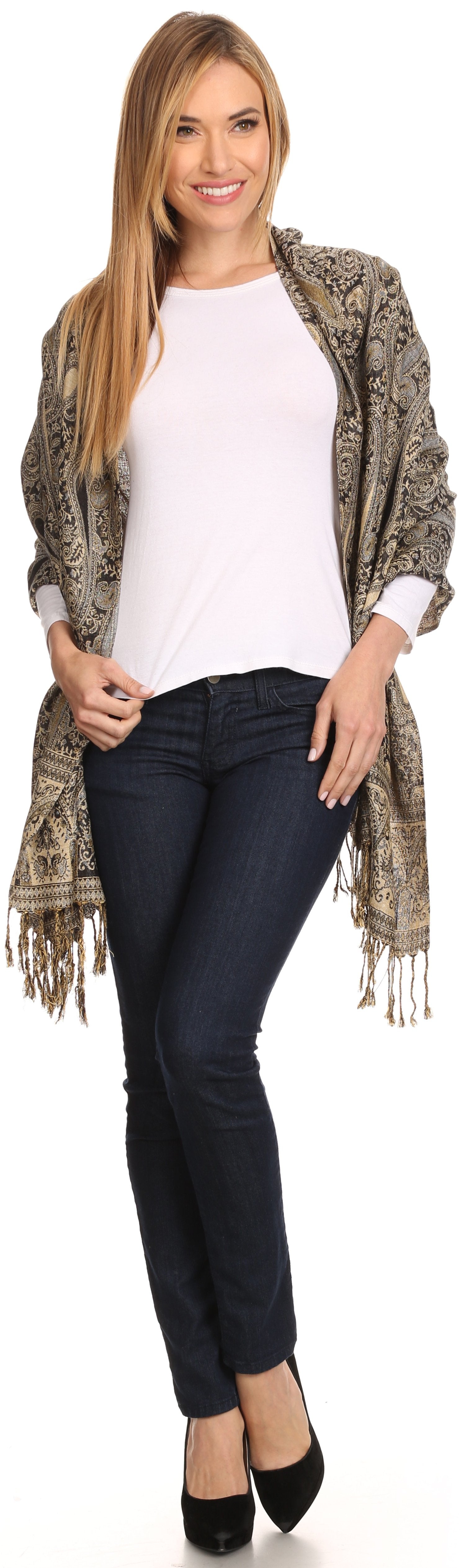 Sakkas Kalin Long Wide Woven Patterned Fringe Tassel Pashmina Shawl / Scarf - Concordia Style Boutique