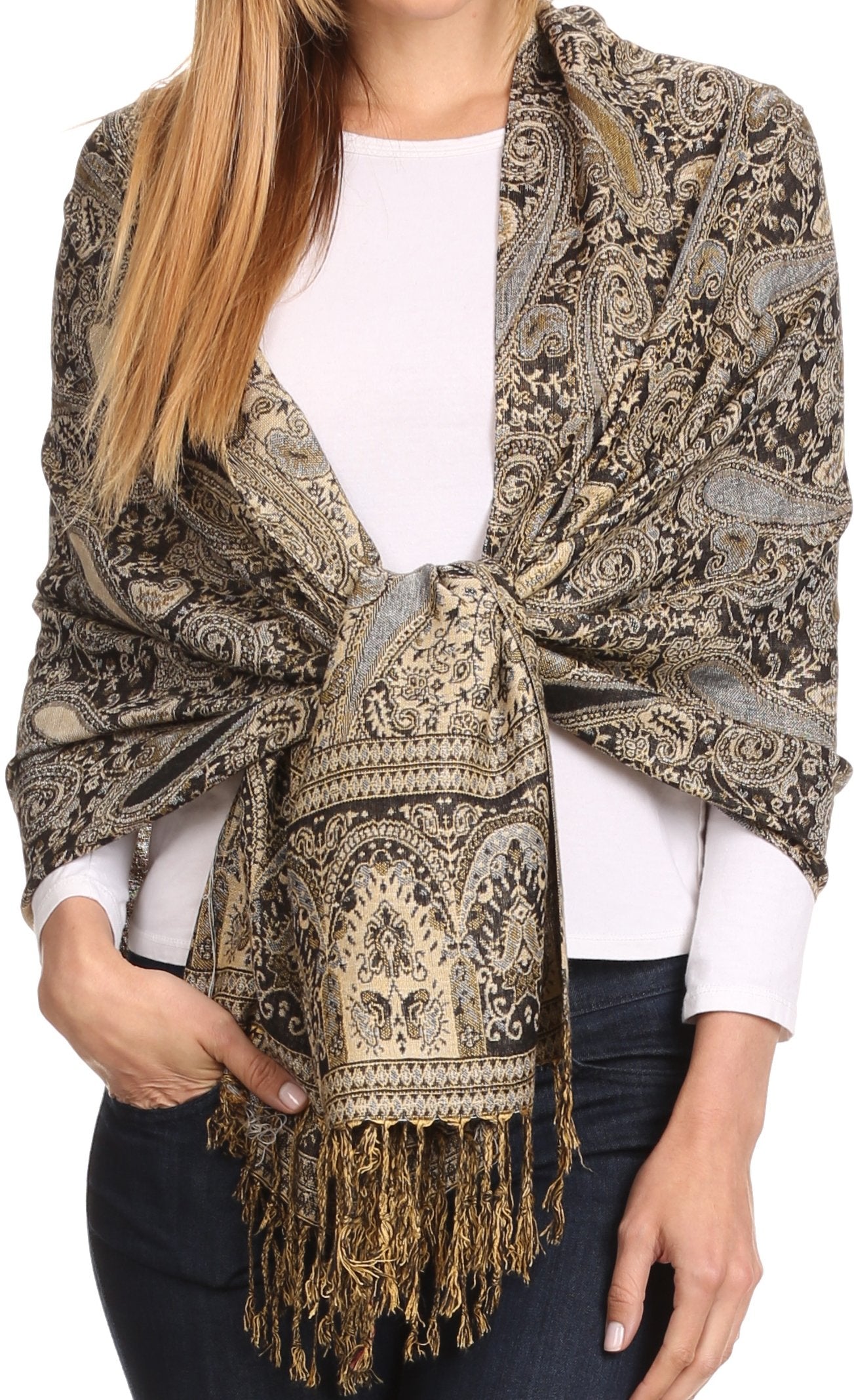Sakkas Kalin Long Wide Woven Patterned Fringe Tassel Pashmina Shawl / Scarf - Concordia Style Boutique