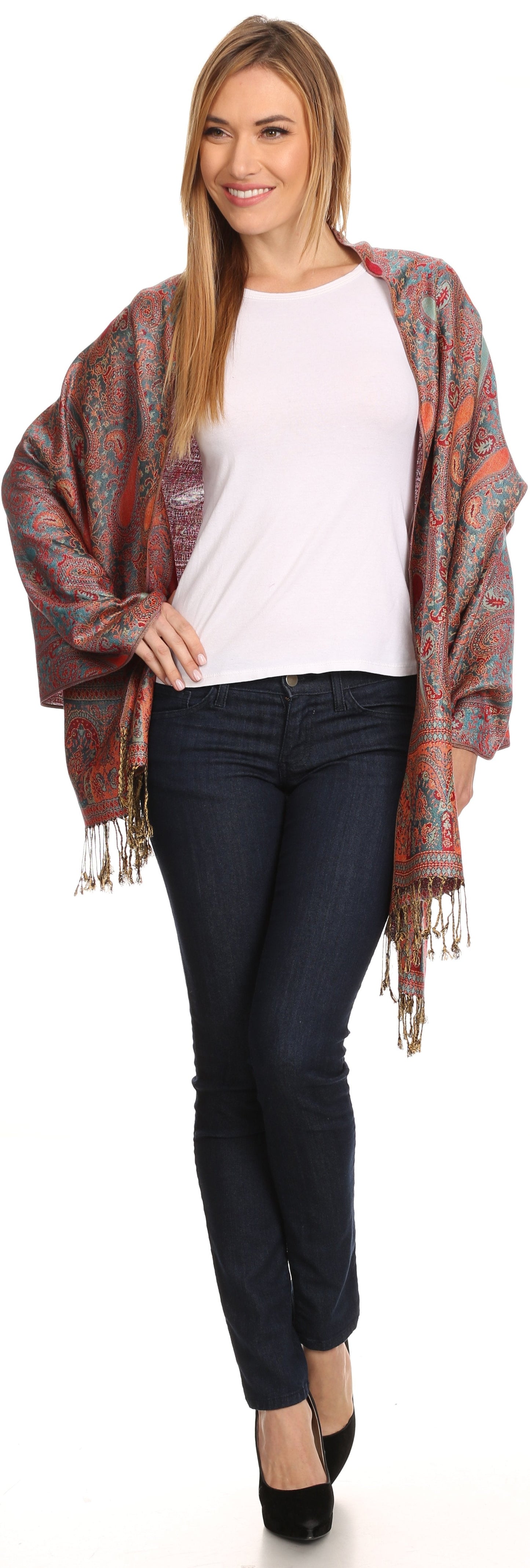 Sakkas Kalin Long Wide Woven Patterned Fringe Tassel Pashmina Shawl / Scarf - Concordia Style Boutique