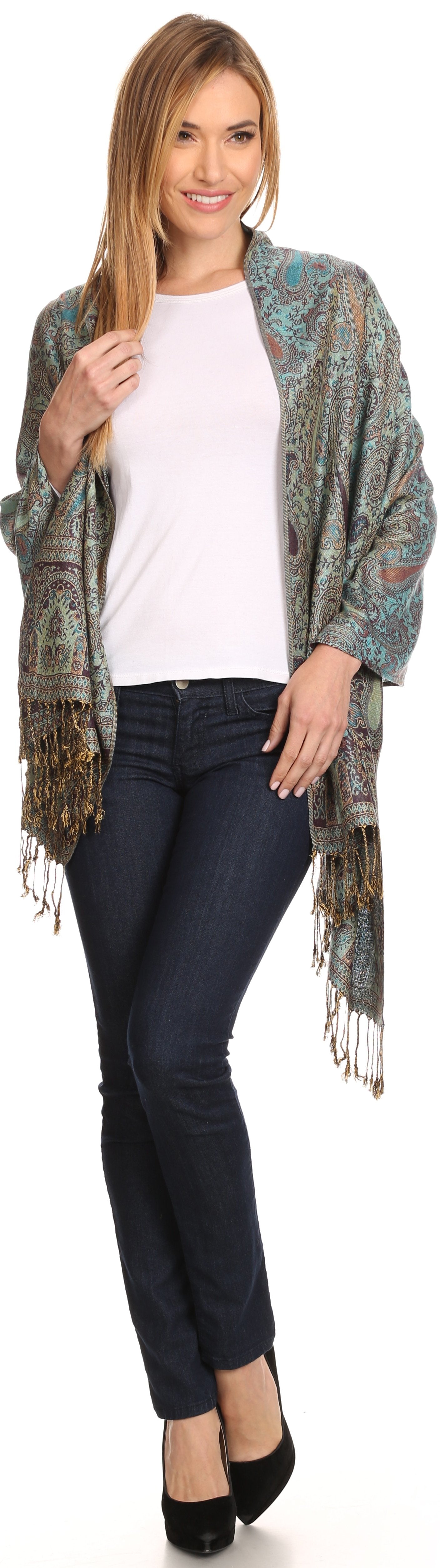 Sakkas Kalin Long Wide Woven Patterned Fringe Tassel Pashmina Shawl / Scarf - Concordia Style Boutique