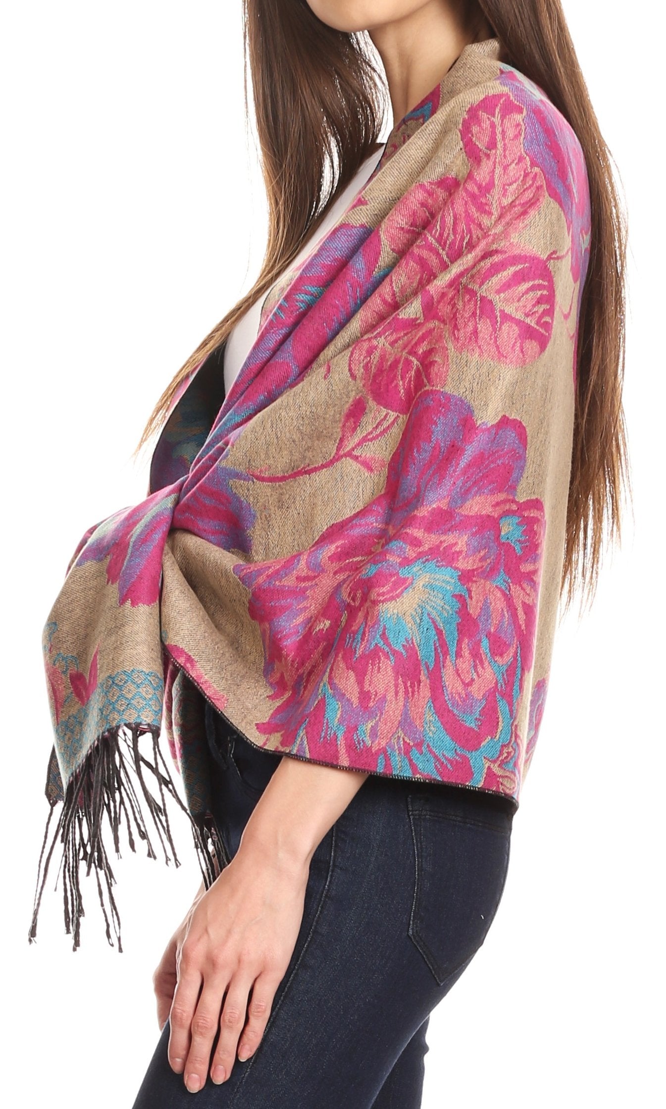 Sakkas Aurora Floral Rose Pashmina Scarf Shawl with Fringe Super Warm Soft Vegan - Concordia Style Boutique