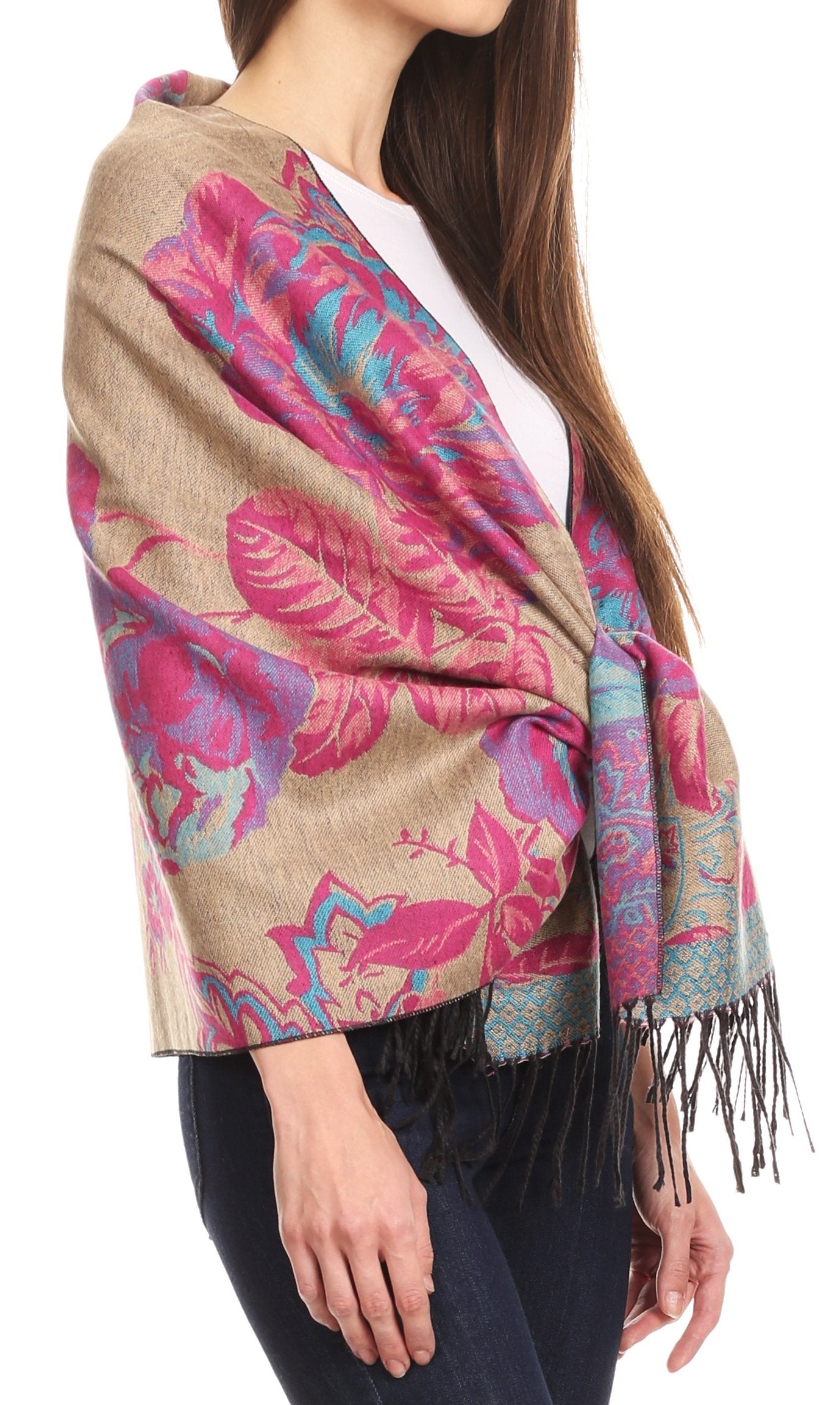 Sakkas Aurora Floral Rose Pashmina Scarf Shawl with Fringe Super Warm Soft Vegan - Concordia Style Boutique